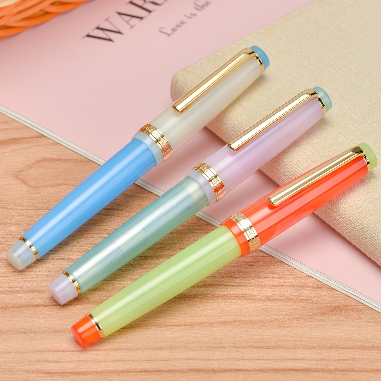 3 Jinhao 82 Fountain Pen Transparent Mixed Macaron Color Acrylic Extra Fine Point Gold Trim with