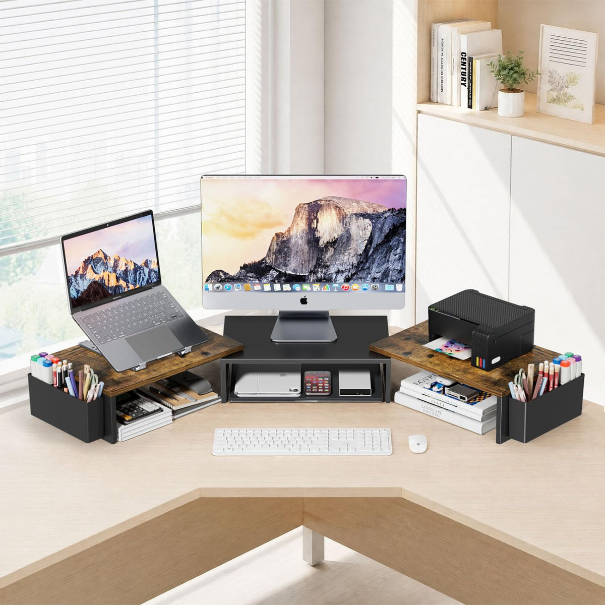 AUPSEN Dual Monitor Stand Riser with 2 Pen Holders, Desk Organizer, Brown