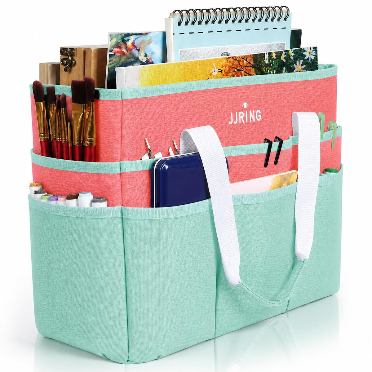 JJRING Craft Organizer Tote Bag Large Art Storage Caddy Green and Orange