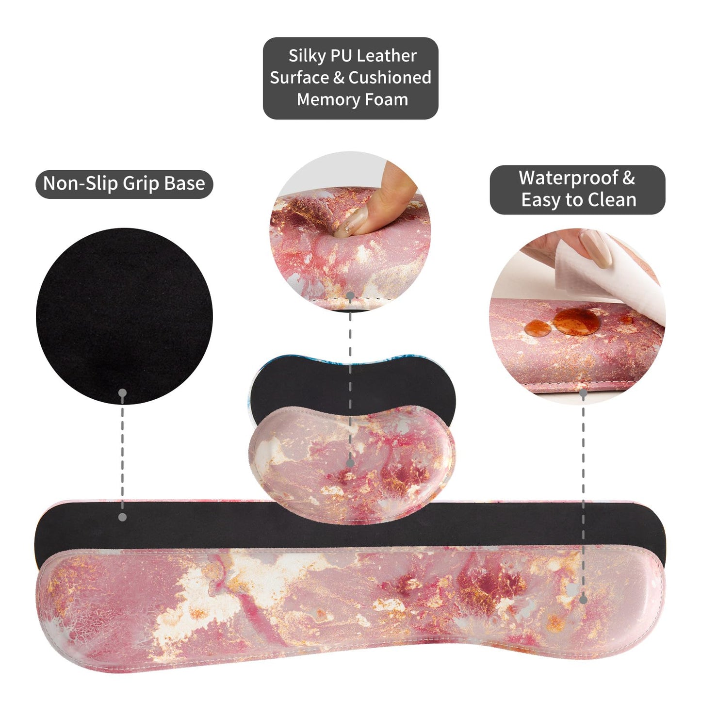 QiyI PU Leather Desk Mat Set, 4-in-1 Ergonomic Wrist Rest, Pink Marble