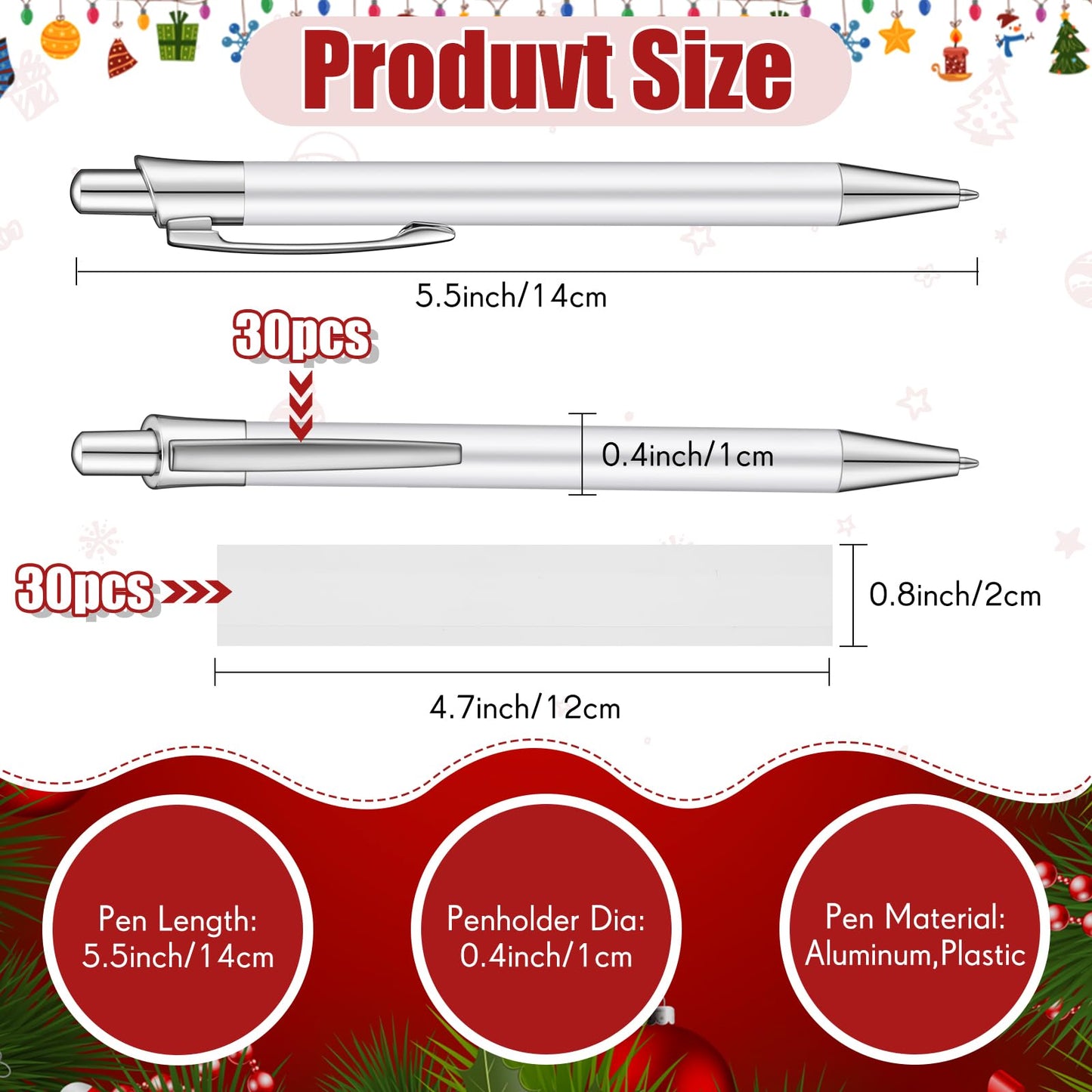 Yexiya 30 Pcs Sublimation Pens Blank White Aluminum Ballpoint with Clip