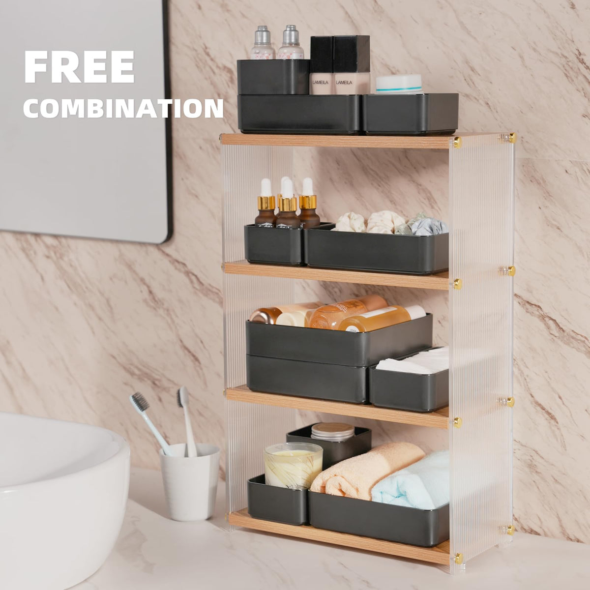 11-Piece Stackable Drawer Organizer Set, Multi-size Desk Drawer Organizer Trays Vanity Storage Bins