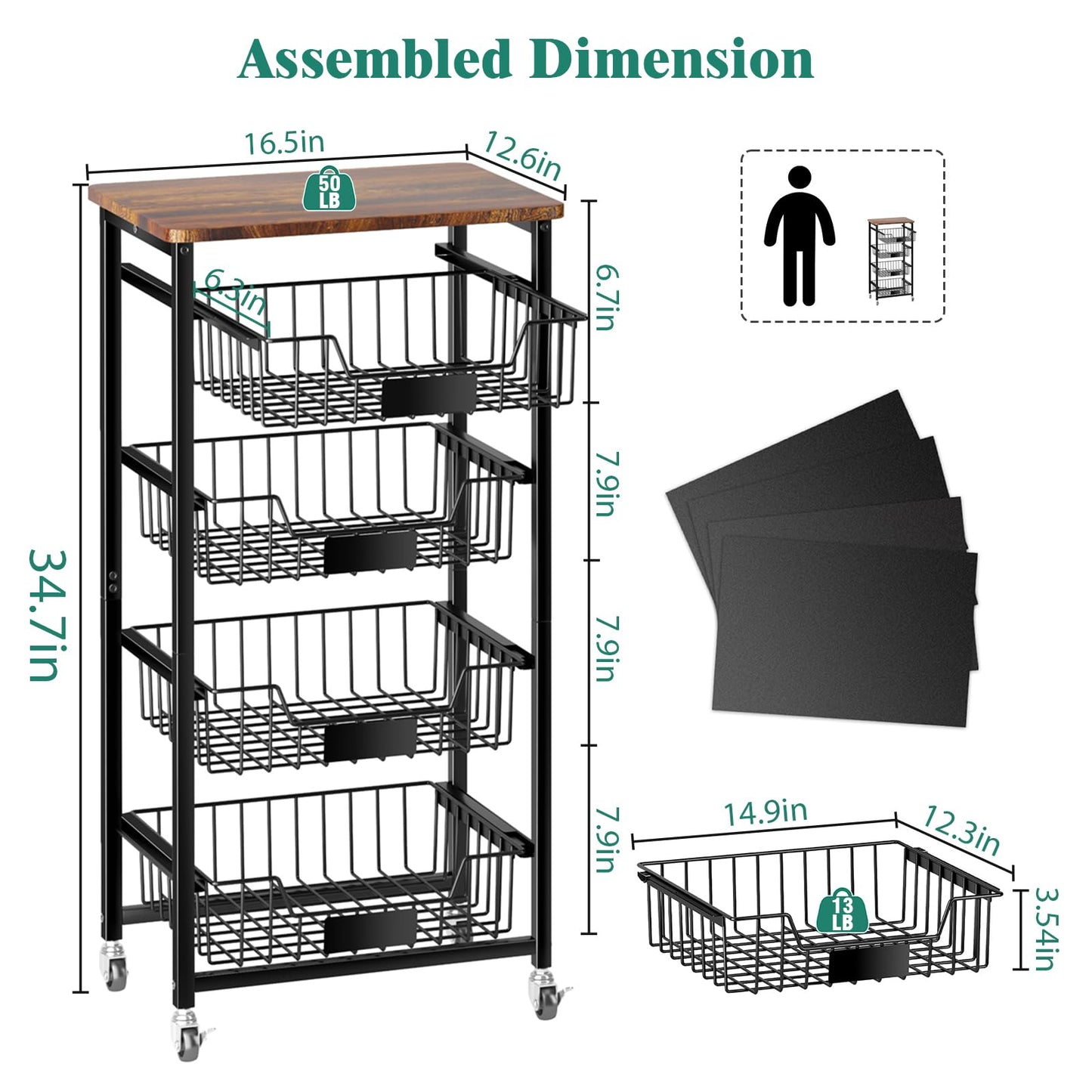 CHLORYARD 5-Tier Vegetable Fruit Basket Kitchen Storage Rolling Cart on Wheels with Pull-Out
