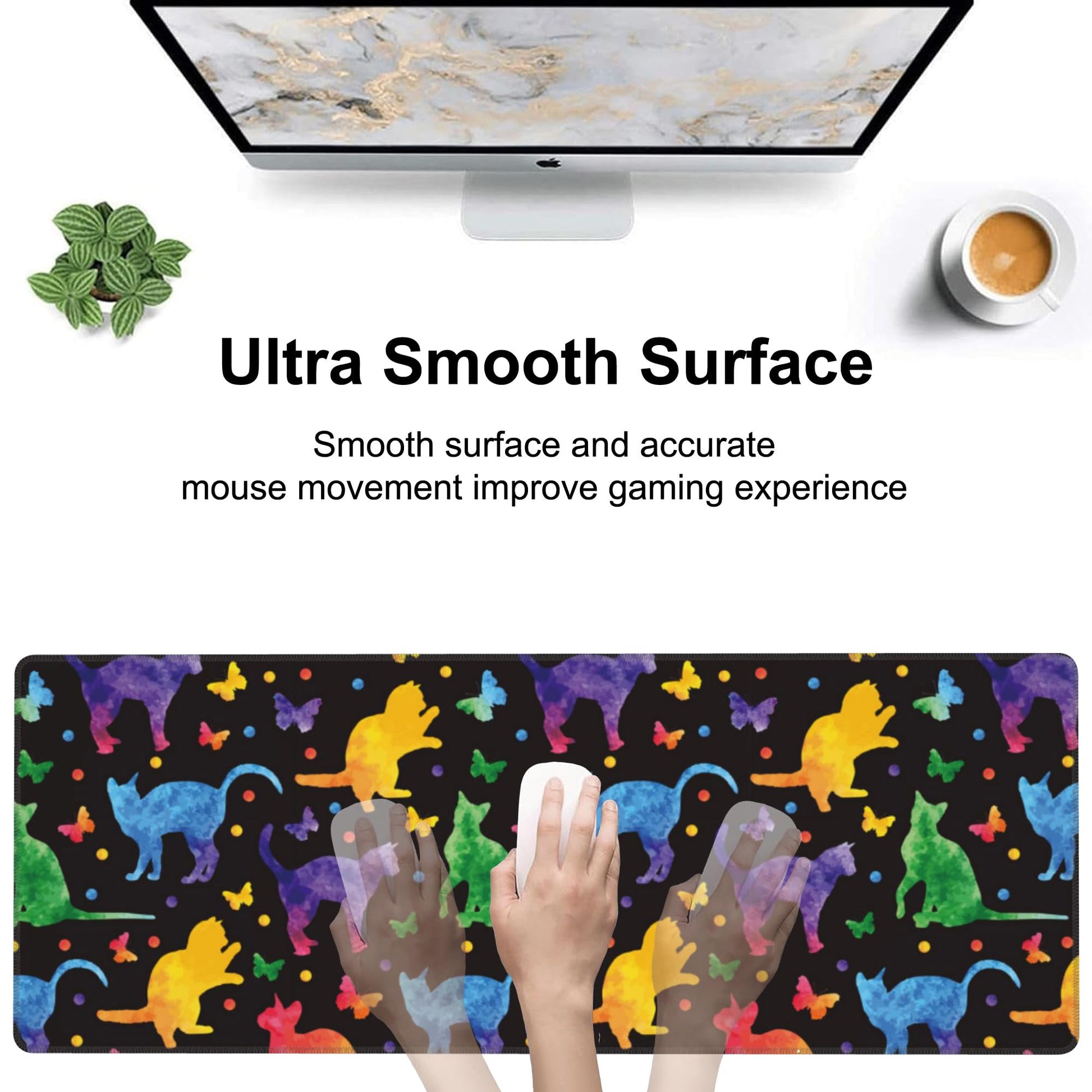 Colorful Cats and Butterflies Desk Mat,Large Watercolor Kittens Butterfly Gaming Keyboard Mouse
