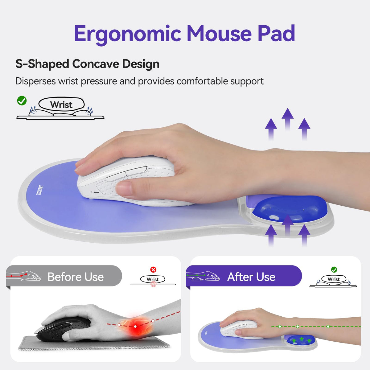 TECKNET Gel Ergonomic Mouse Pad, Mouse Pad with Wrist Rest, Light Blue