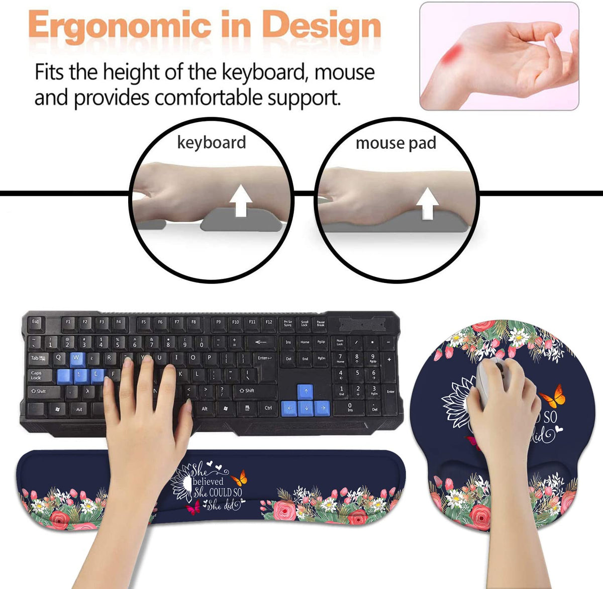 Keyboard Wrist Rest + Mouse Pad Wrist Support Set with Coasters, She Believed She Could So She Did