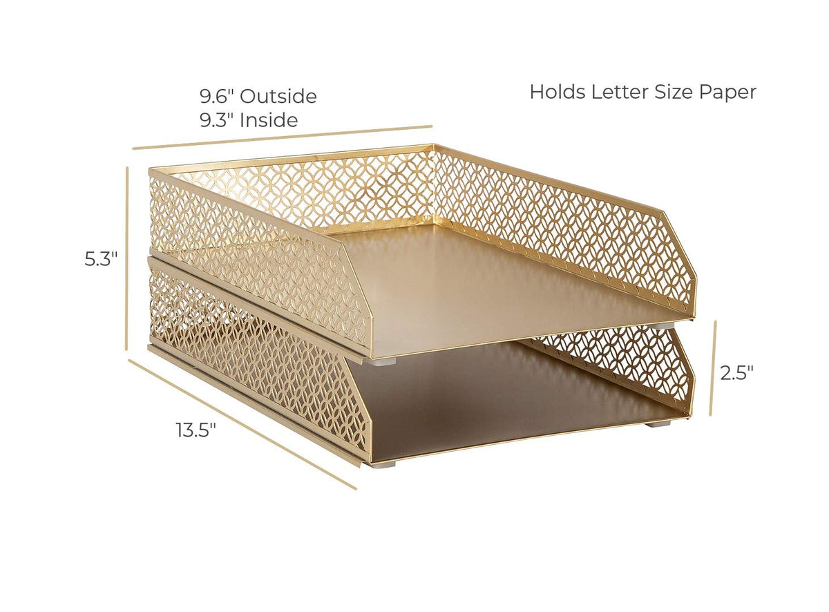 BLU MONACO | Paper Tray Stackable Gold Set of 2 | Stackable File Trays for Desk Organization |