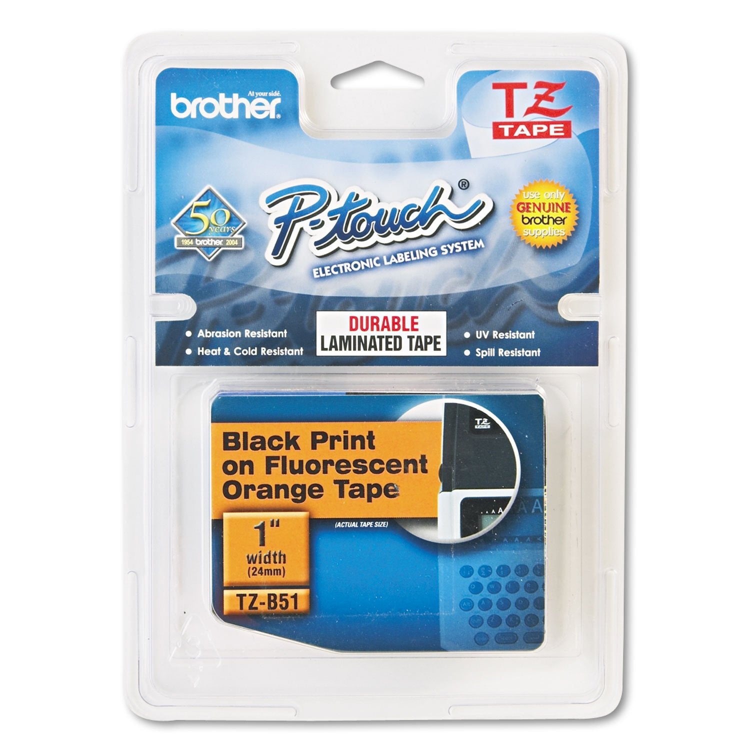 Brother Genuine P-Touch TZE-B51 Tape, 1" (0.94") Wide Standard Laminated Tape, Black on Fluorescent
