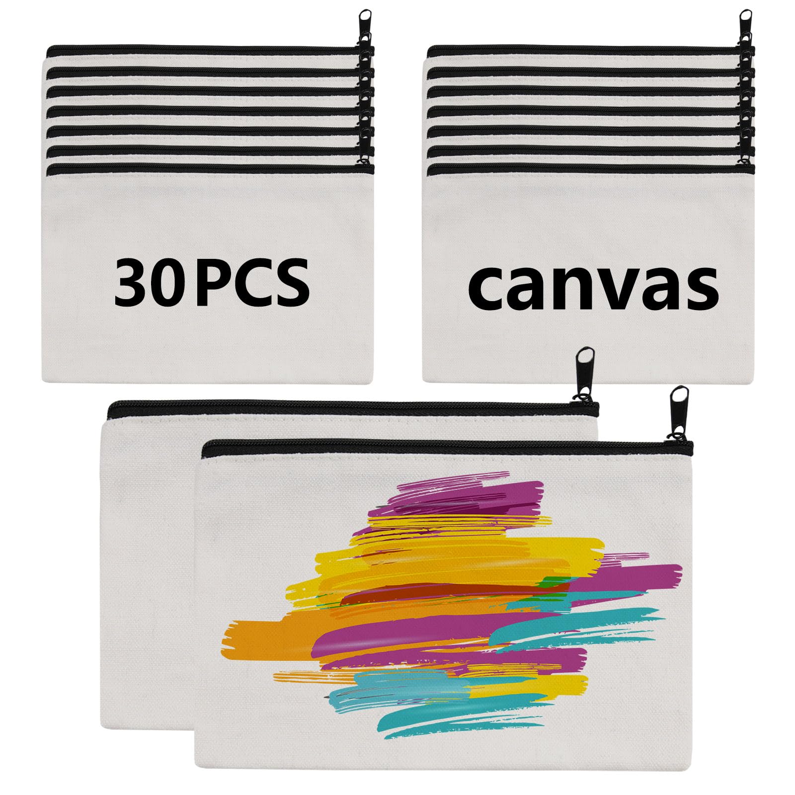 30 pcs Sublimation Blanks Makeup Bags Bulk, Black Zipper Canvas Pencil Bag,Polyester Tote Bags for