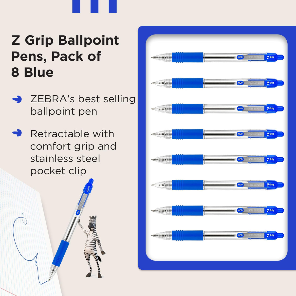 Zebra Pen Z Grip Blue Ballpoint Pens with Pocket Clip 8pk, Retractable Blue Ink Ballpoint Pens
