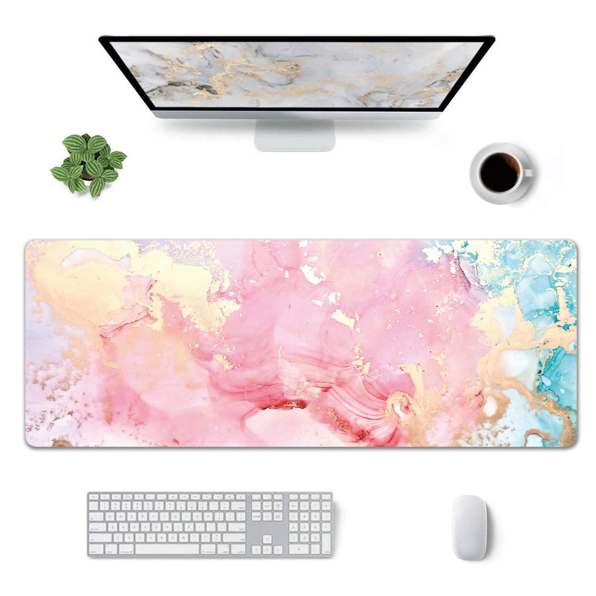 Cute Pink Marble Large Mouse Pad,Gaming Keyboard Desk Pad,Extended Mouse Mat Non-Slip Rubber Base