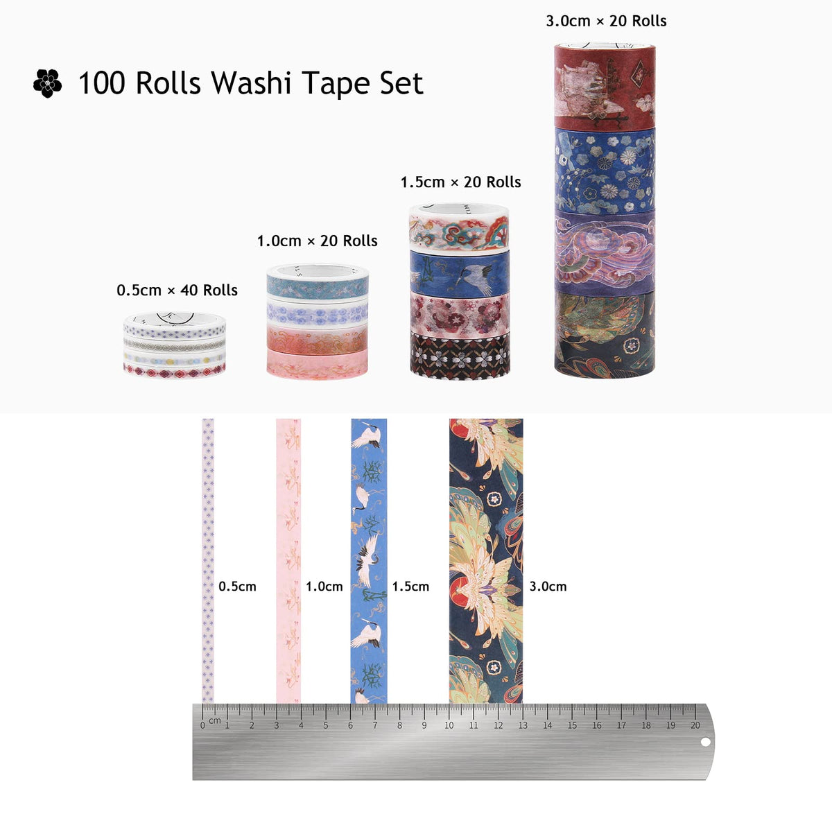 Dizdkizd Washi Tape Set, 100 Rolls Vintage Design Masking Tapes with 4 Sizes 5mm/10mm/15mm/30mm