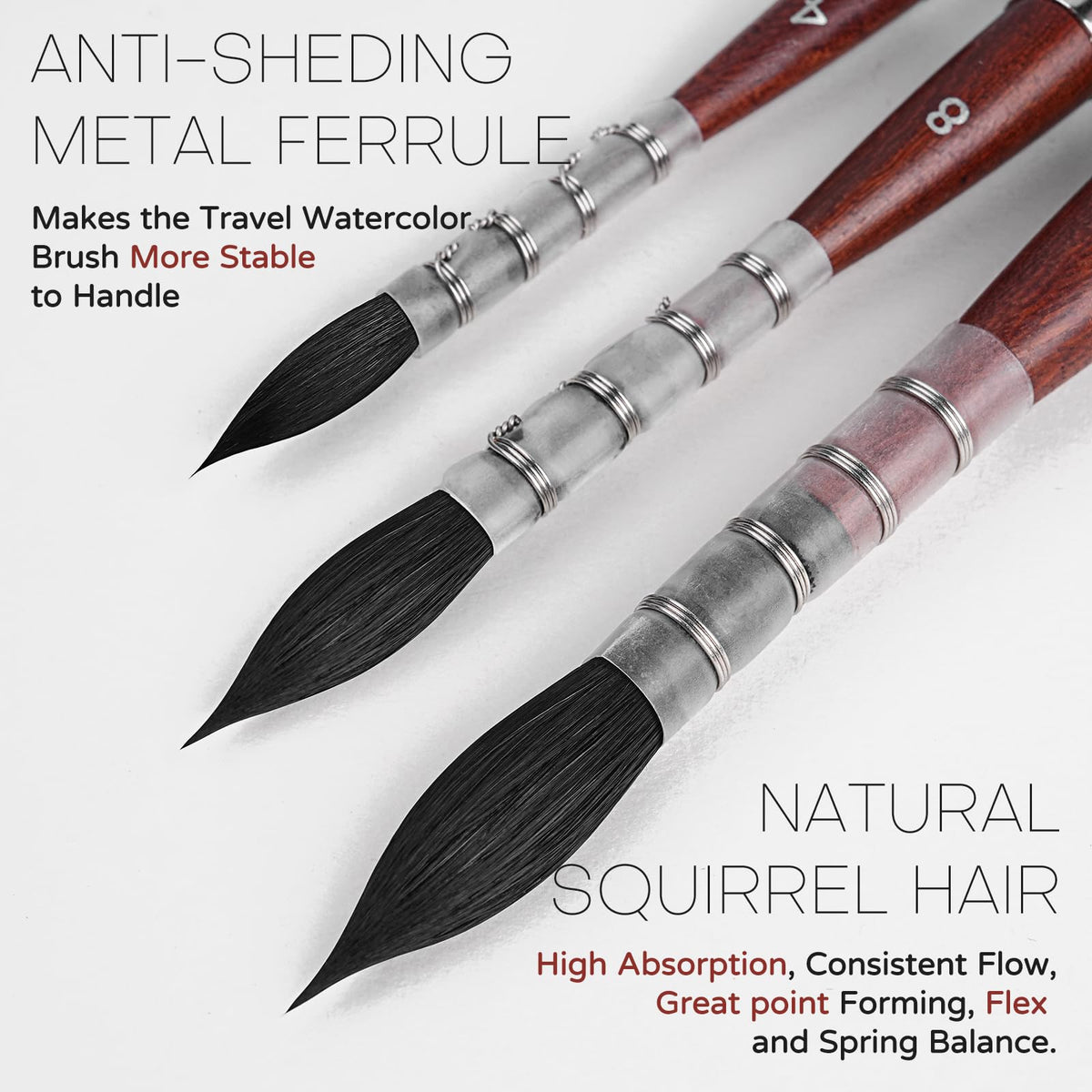 Squirrel Hair Travel Watercolor Brushes, Fuumuui 3pcs Natural Soft Squirrel Mop Round Fine Tip