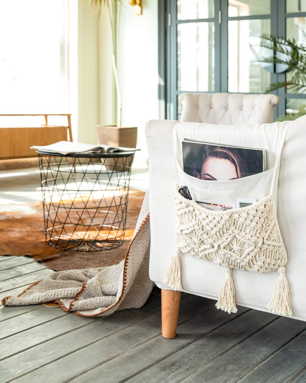 Mkono Macrame Armchair Caddy, Boho Couch Armrest Organizer, 4 Pockets Beige