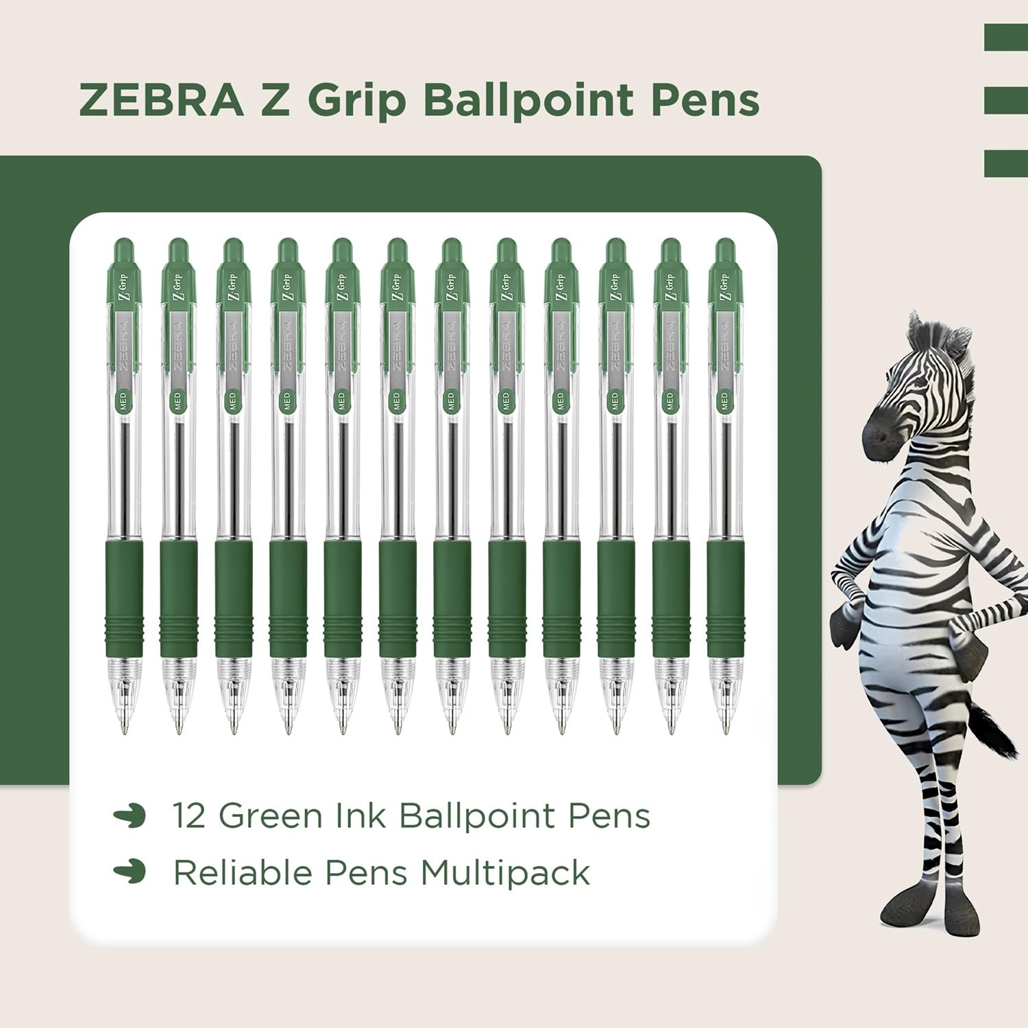 Zebra Pen Z Grip Green Pens Ballpoint, Smooth & Comfortable Pens With Pocket Clip, Retractable