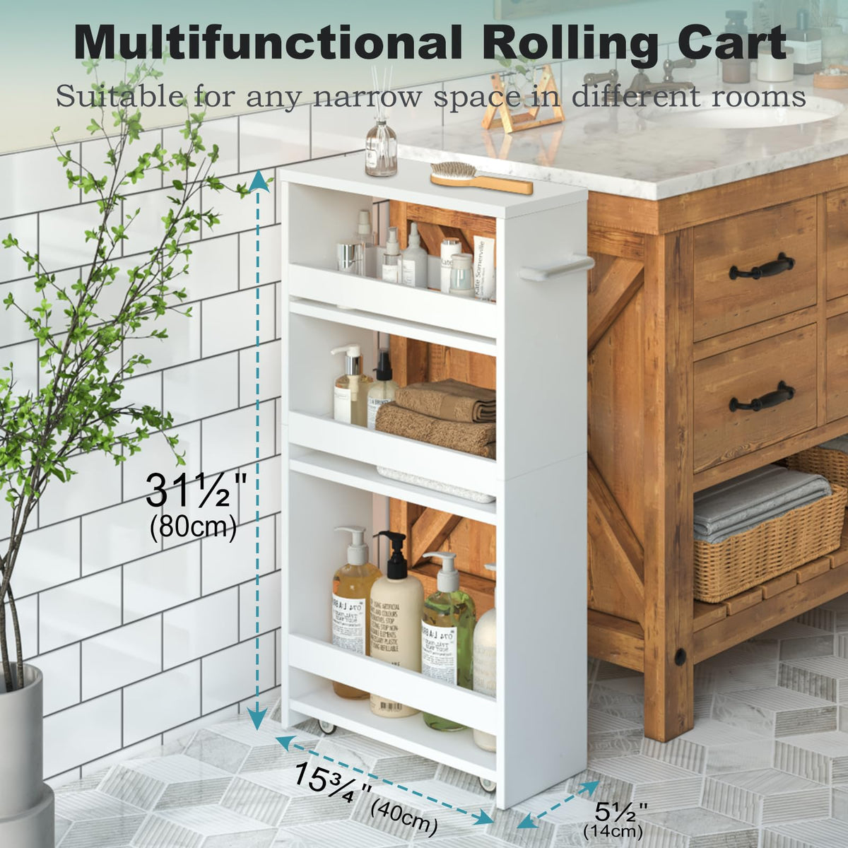 MARTY Slim Rolling Storage Cart, Wood Utility Kitchen Bathroom Laundry Cart