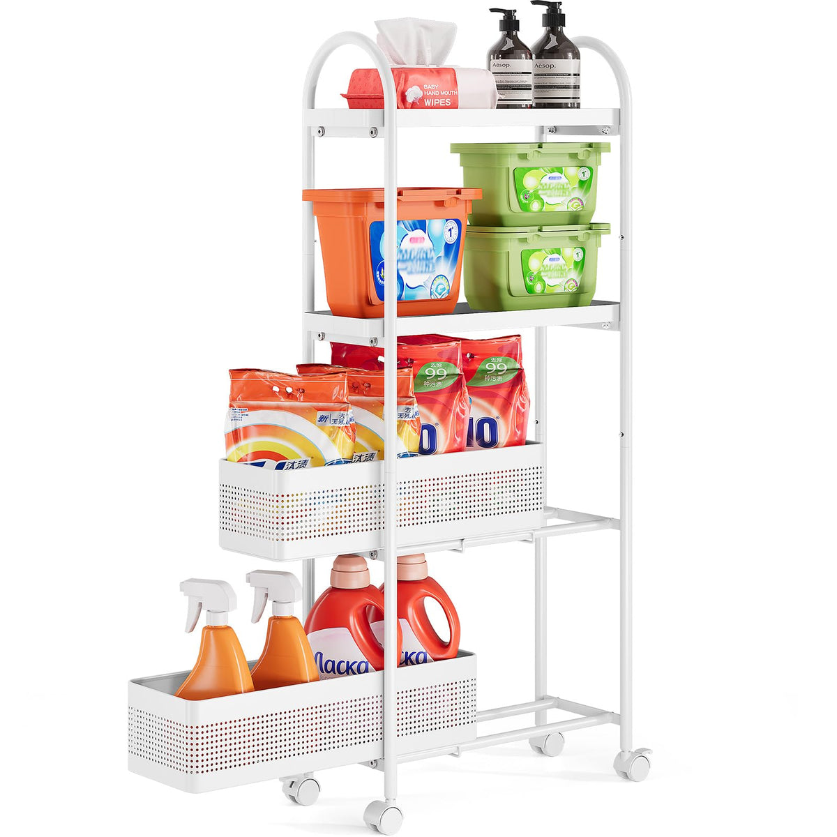 KINGRACK 4 Tier Slim Rolling Cart with Drawer, Metal Utility Storage Cart