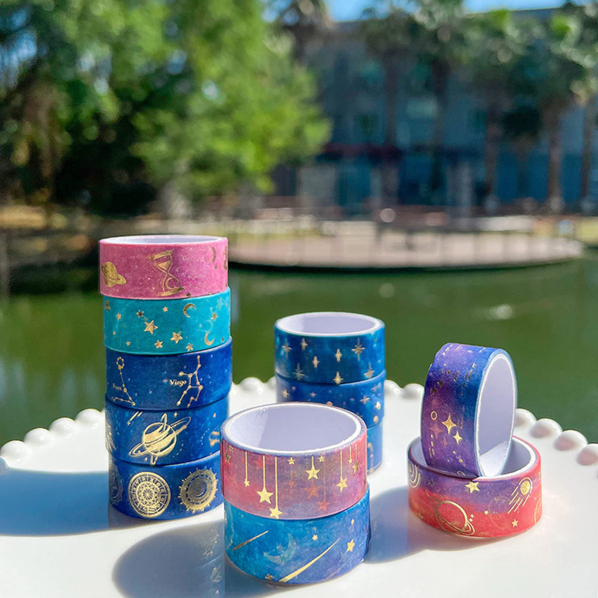 Esweny 12 Rolls Galaxy Washi Tape Set, Gold Foil Decorative Masking Tape for Scrapbooking, Journal