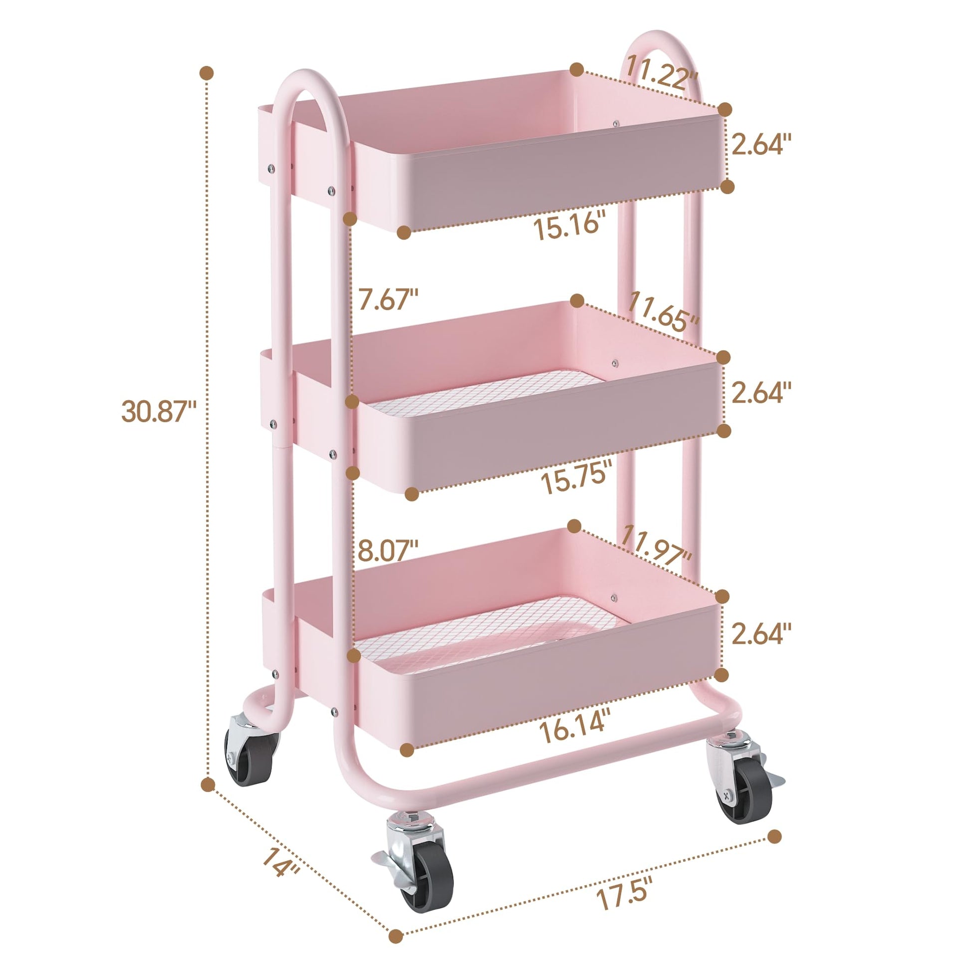 MIOCASA 3-Tier Metal Utility Rolling Cart, Heavy Duty Multifunction Cart with Lockable Casters