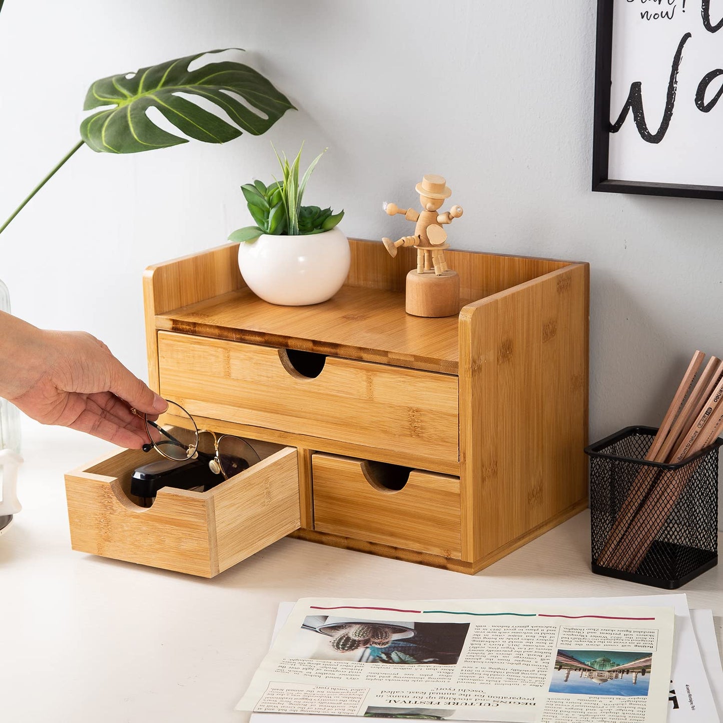 Rustic Bamboo Desk Organizer with Drawers,3-Drawer Desktop Storage Box