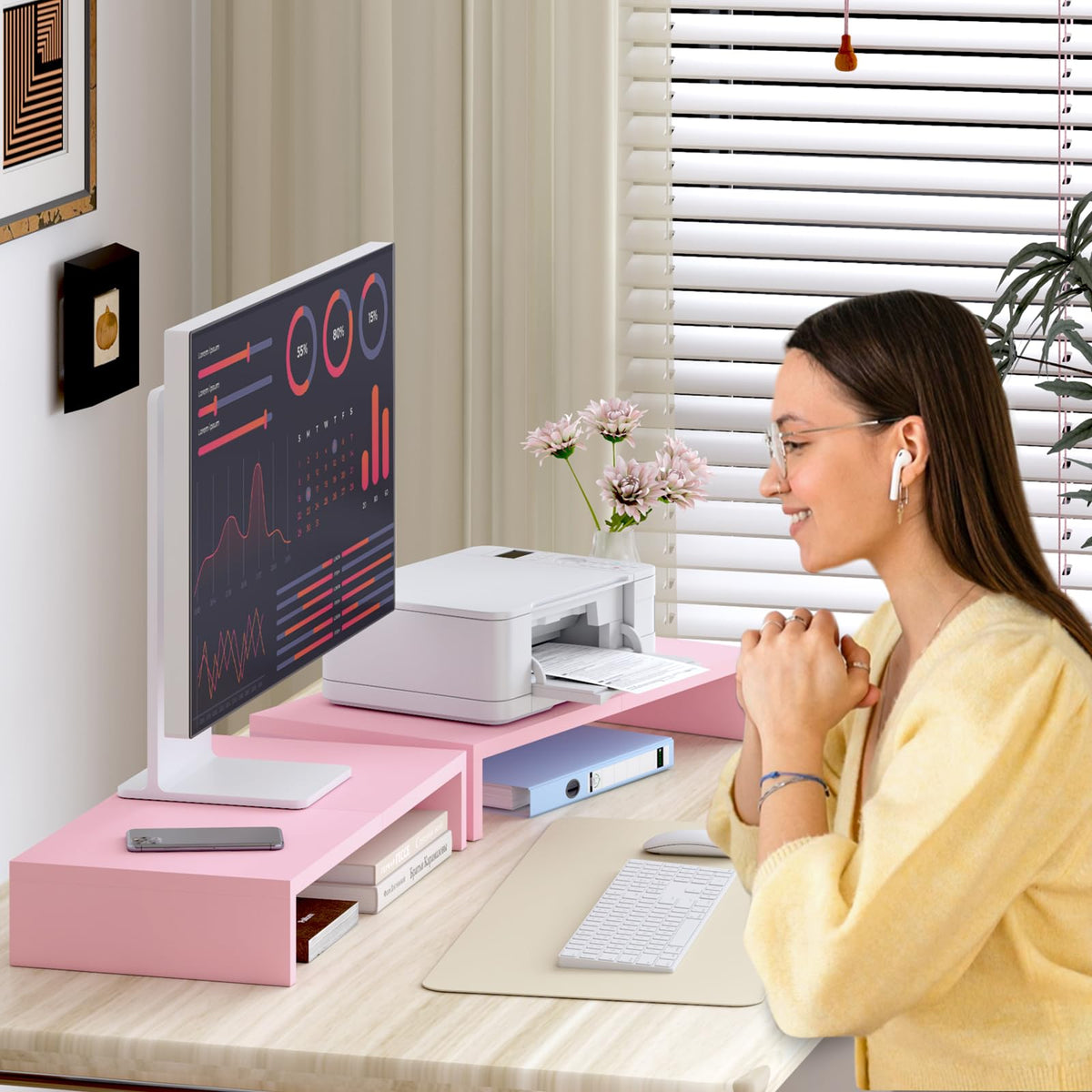 TEAMIX 2 Pack Pink Monitor Riser-20L inch, Cute Monitor Stand for Desk, Wood Sturdy