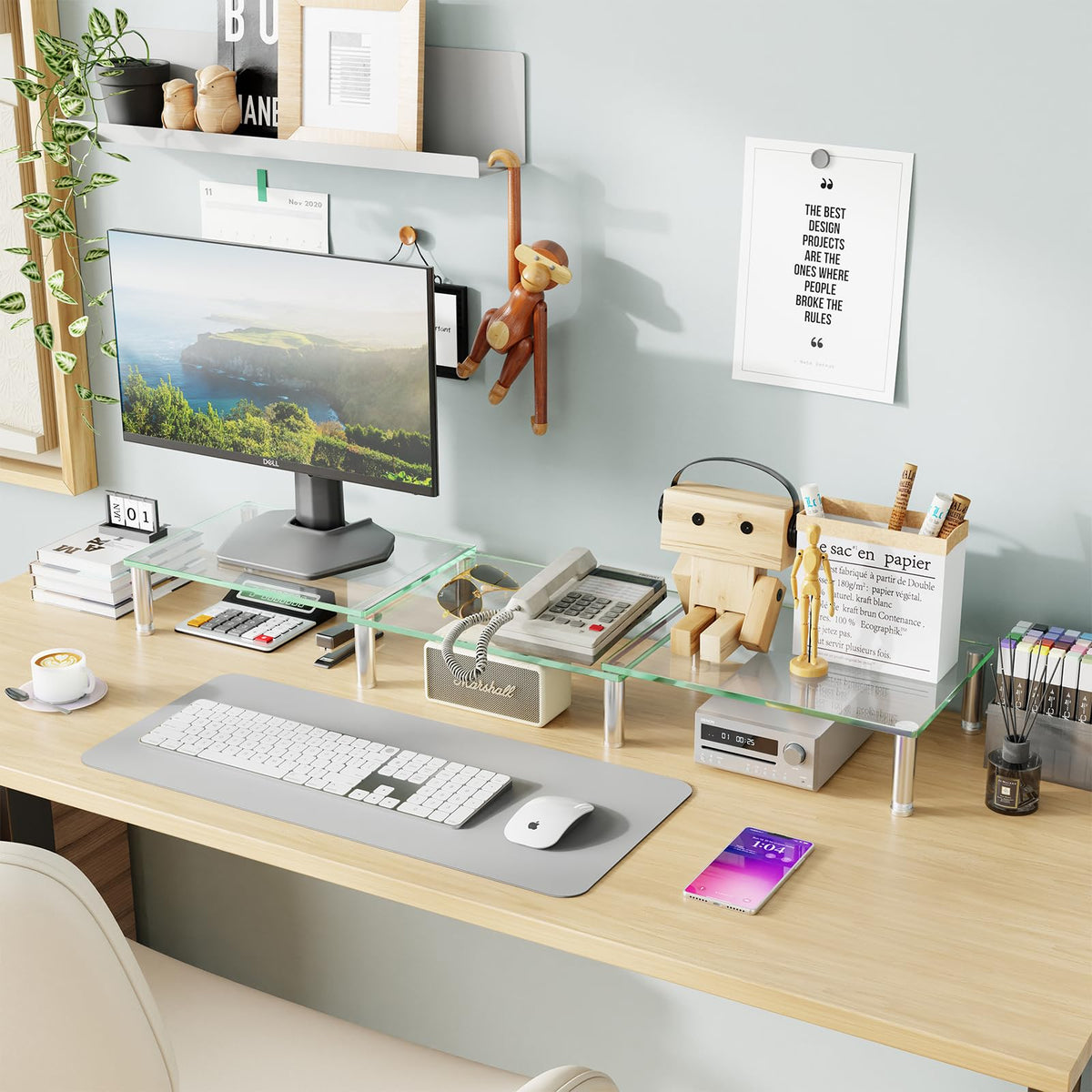Simple Trending Glass Dual Monitor Stand, Adjustable Length/Height, Clear