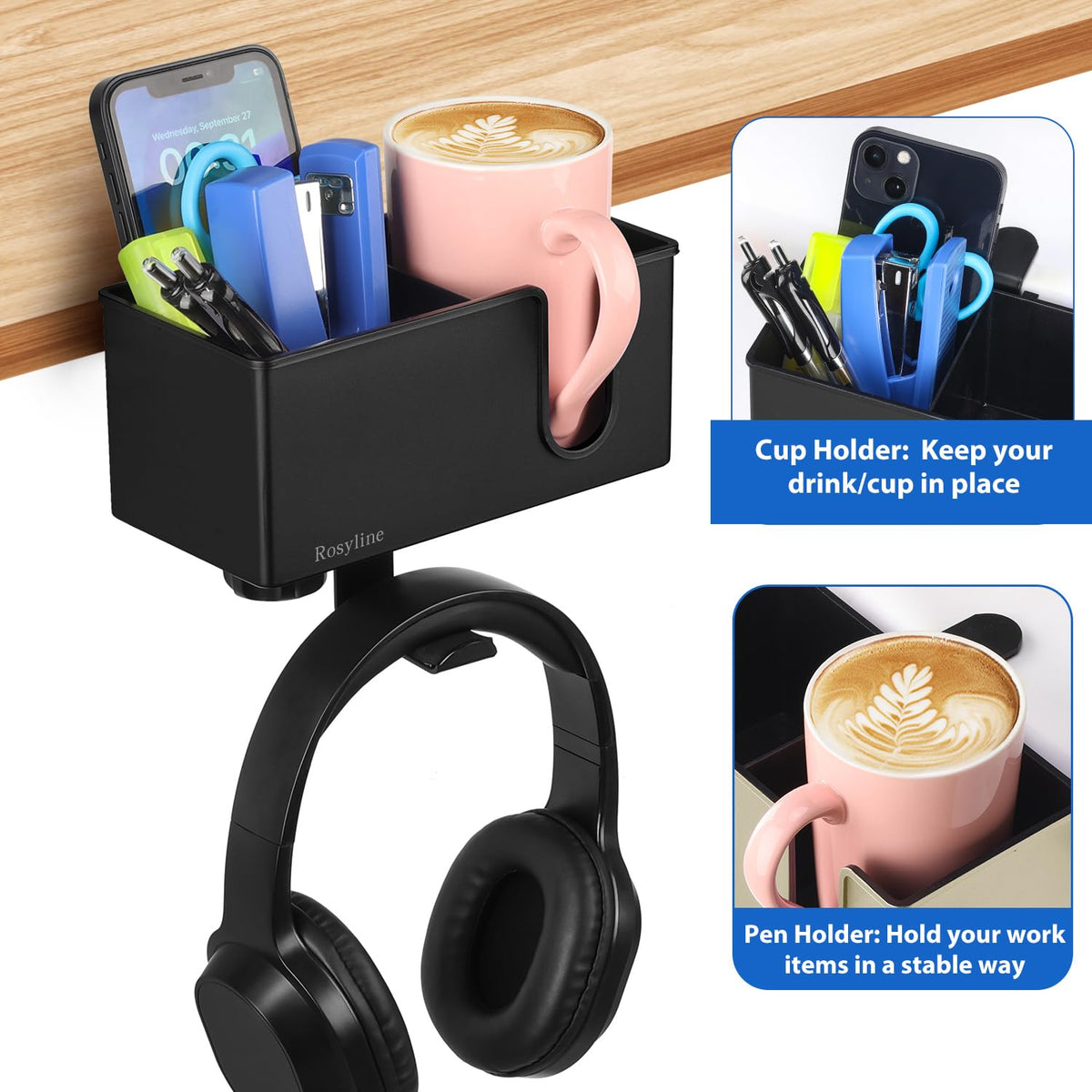 Rosyline 3-in-1 Clip-on Cup Holder for Desk with Desktop Organizer