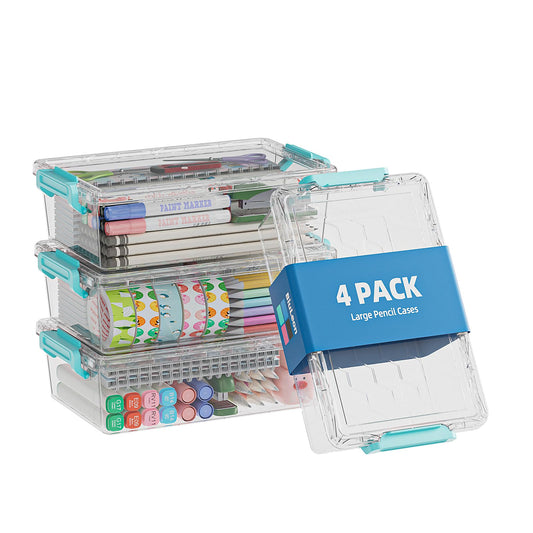 BiuLeon 4 Pack Extra Large Pencil Box, Plastic Pencil Case Organizer, Clear Crayon Box Marker