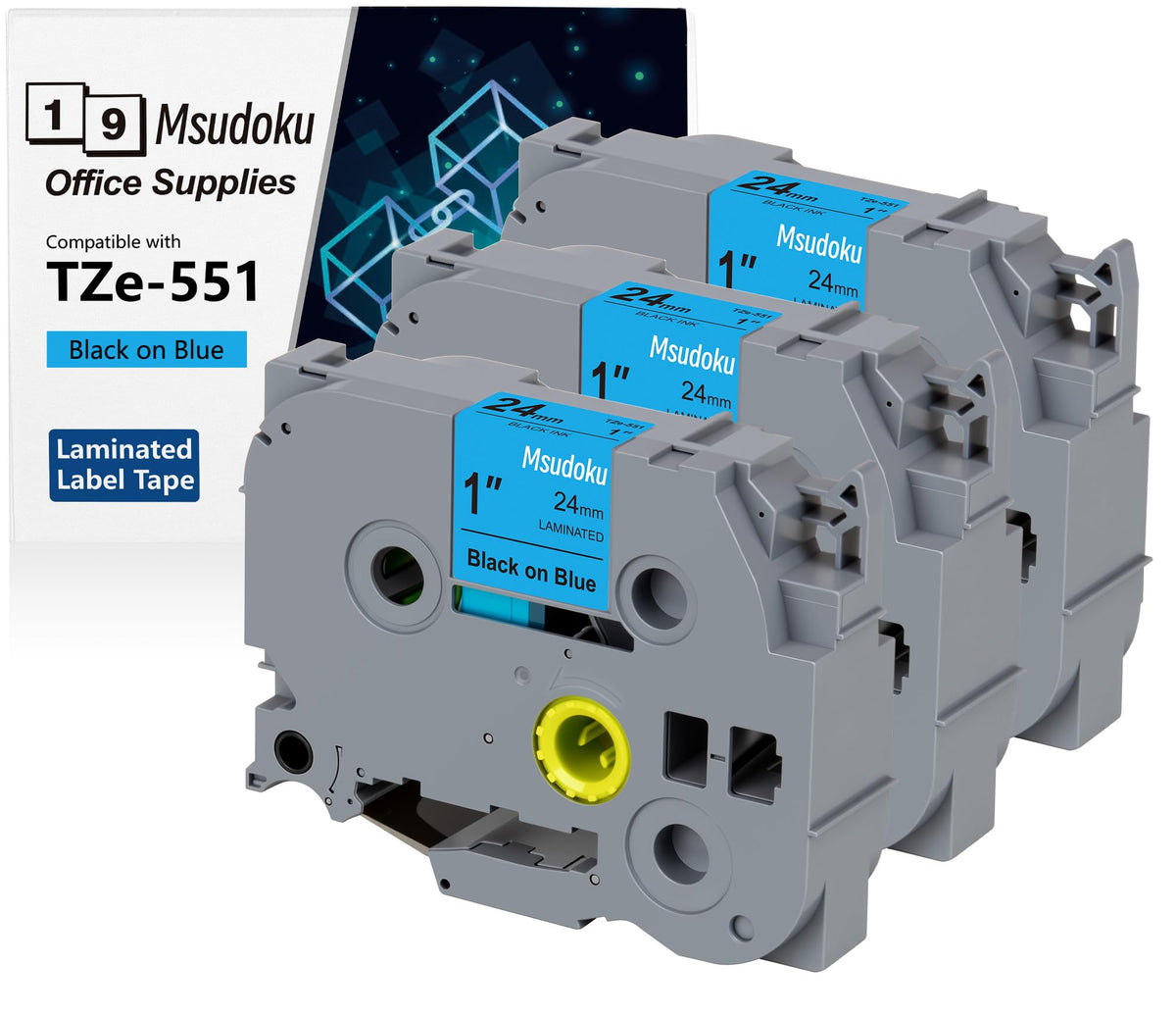Msudoku TZ551 3PK Black on Blue Compatible for Brother 24mm Label Tape