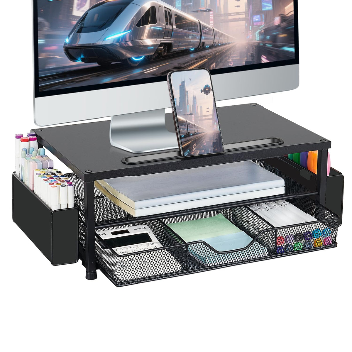AUPSEN Wood Computer Monitor Stand Riser, 2-Tier Black Desk Organizer with Drawer, Pen Storage &