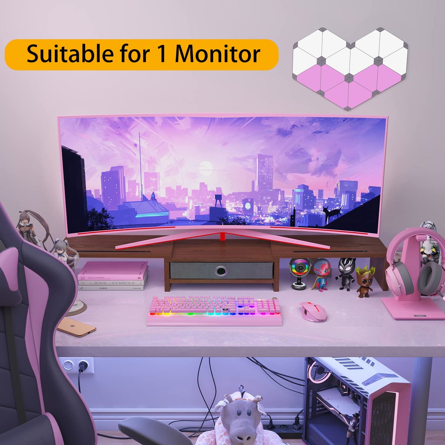 WESTREE Dual Monitor Stand Riser with Drawer - Adjustable Length and Angle, 2 Phone Hold, Desktop