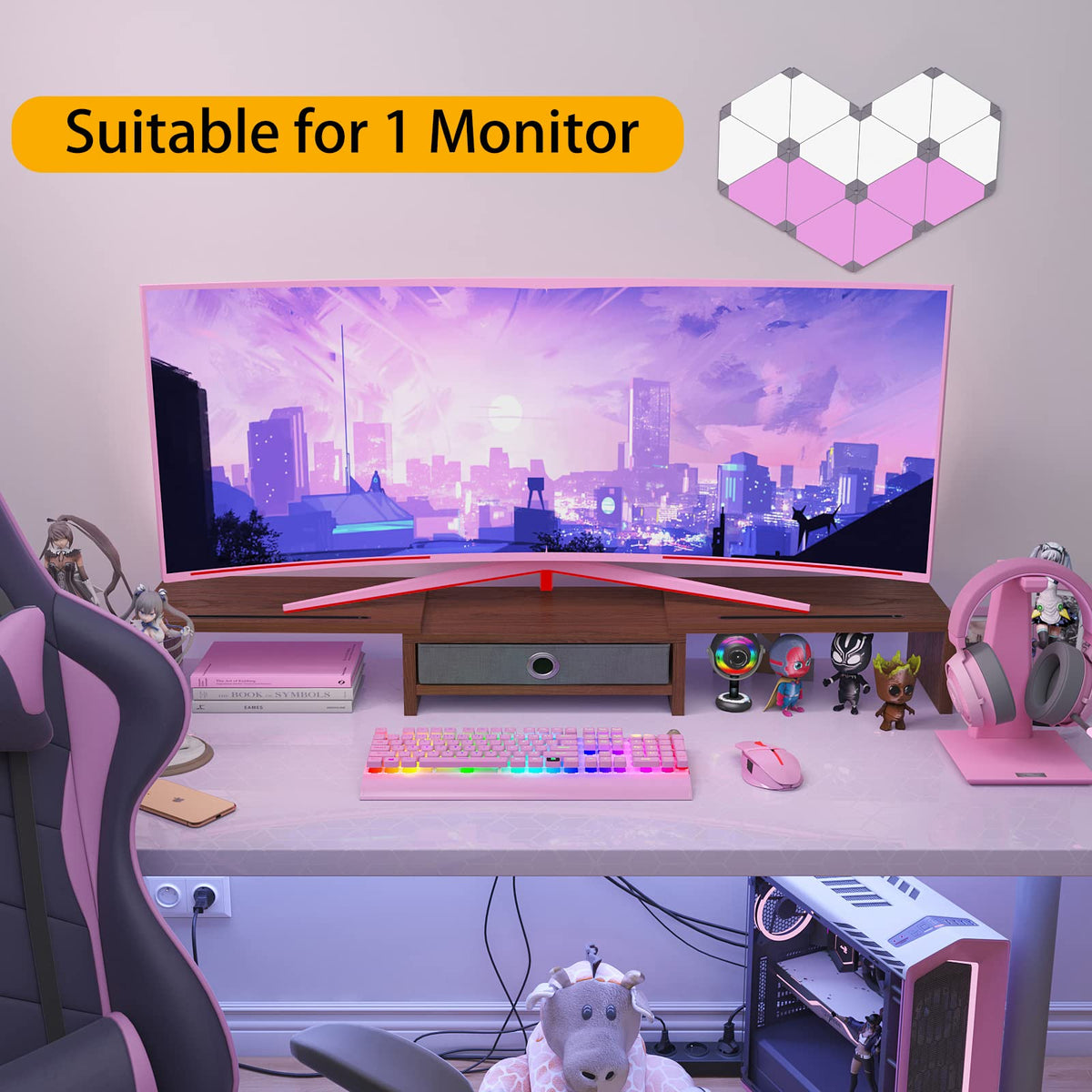 WESTREE Dual Monitor Stand Riser with Drawer - Adjustable Length and Angle, 2 Phone Hold, Desktop
