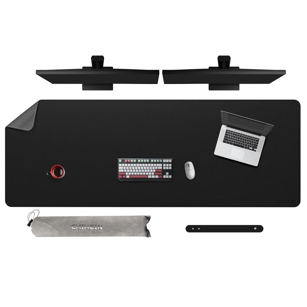 Chihein 67" x 24" 4XL PU Leather Desk Mat (Black/Gray), Huge Mouse Pad, Dual Sided Desk Pad