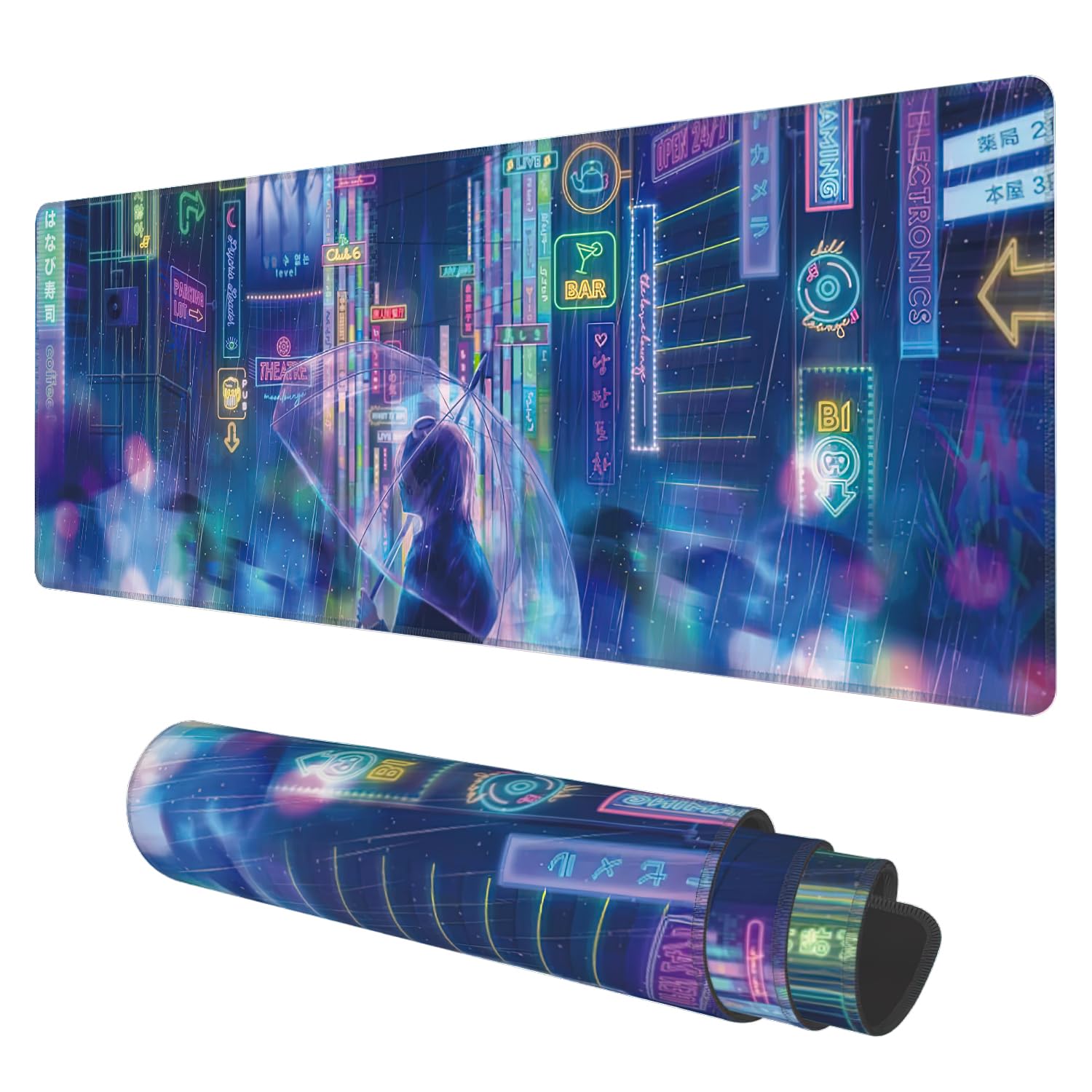 Desk Mat, Neon City Rainy Night Extended Gaming Mouse Pad Large, 31.5"x11.8" Big Mouse Pad with