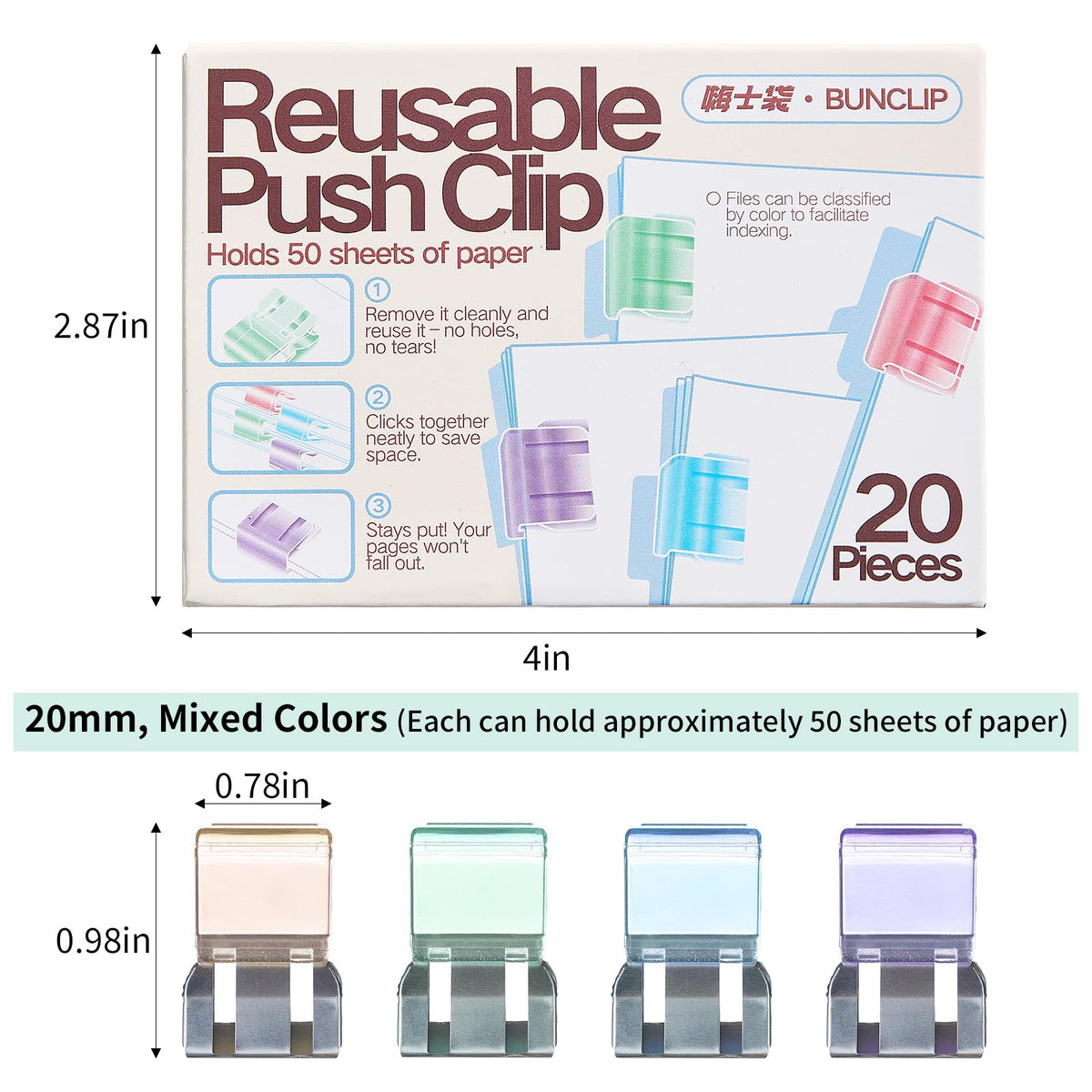 BUNCLIP Push Paper & Binder Clips, 40 Pack 50 Sheet Heavy Duty No Damage