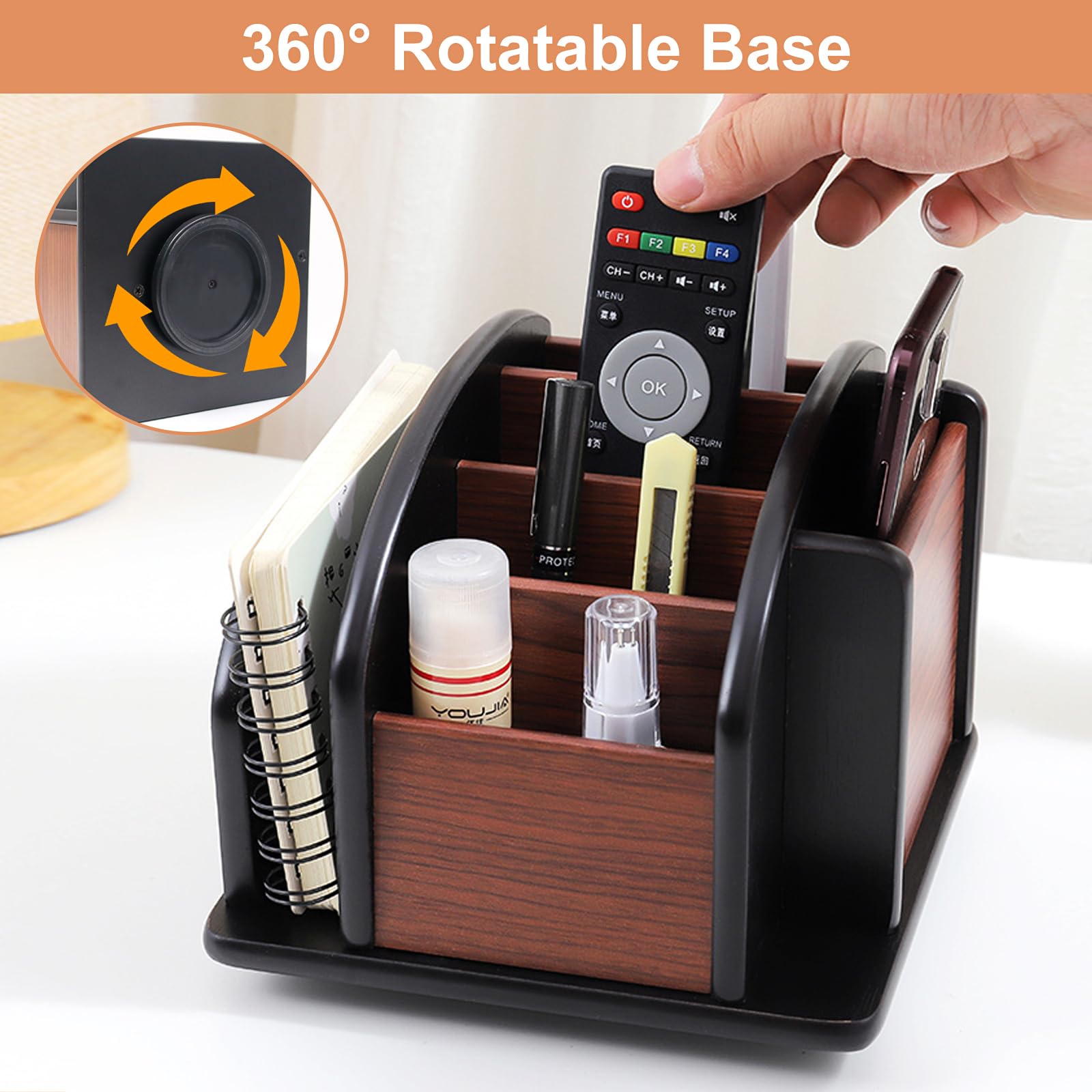 Coideal Remote Control Holder Caddy, 360° Rotating Coffee Table Organizer with 6 Compartments, Wood
