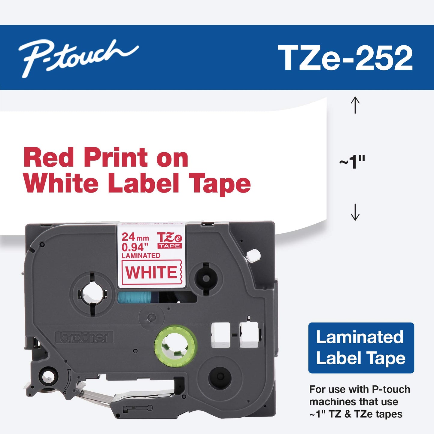 Brother Genuine P-Touch TZE-252 Tape, 1" (24 mm) Standard Laminated P-Touch Tape, Red on White