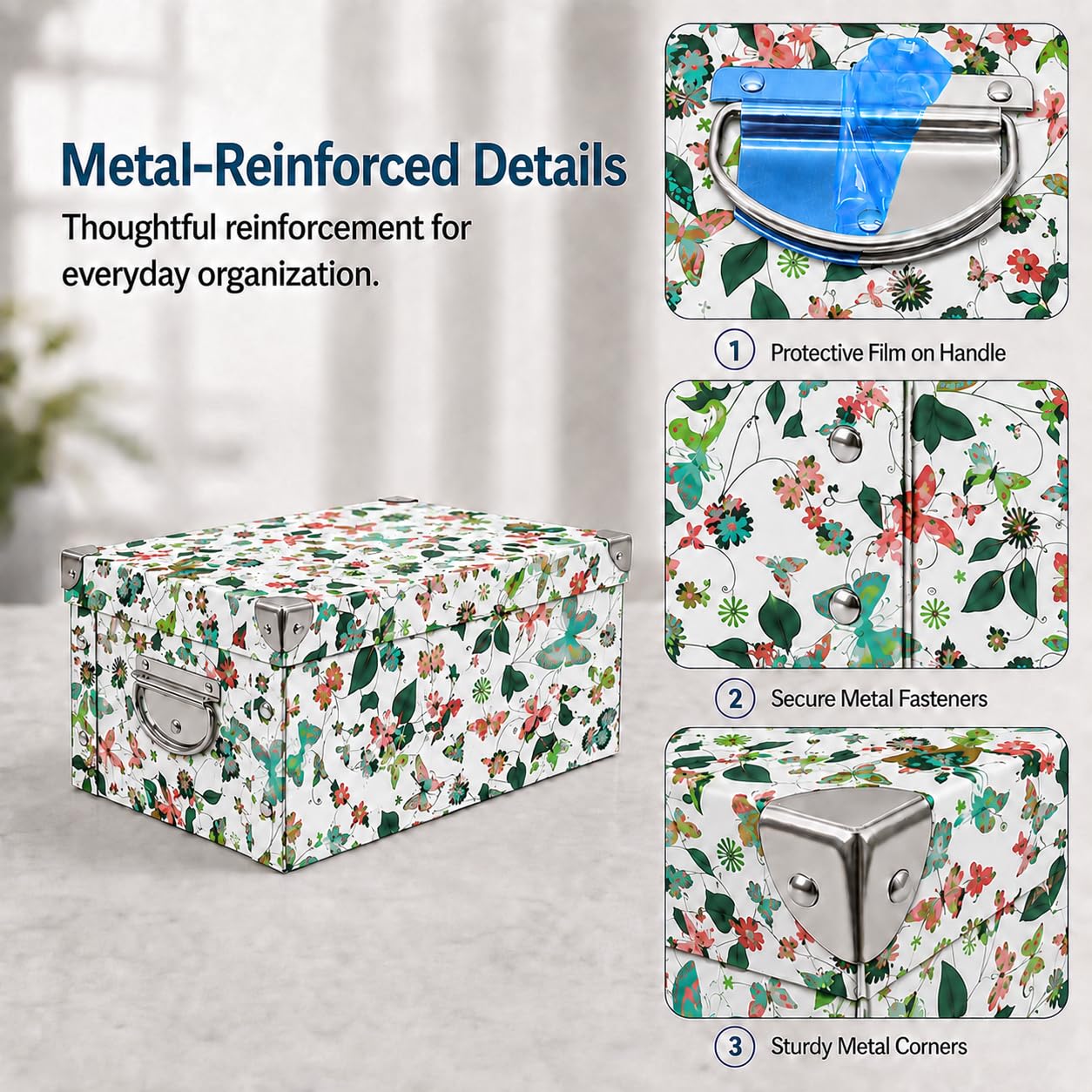 GUOZI Collapsible Storage Box, Decorative Memory Box with Lid & Metal Reinforced Corners, Cardboard