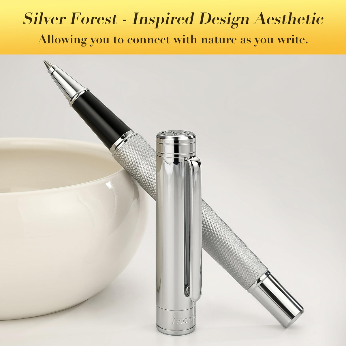 MCNTEIK Silver Rollerball Pen, Stunning Luxury Pen with Mesh Texture Design, Bright Silver Chrome