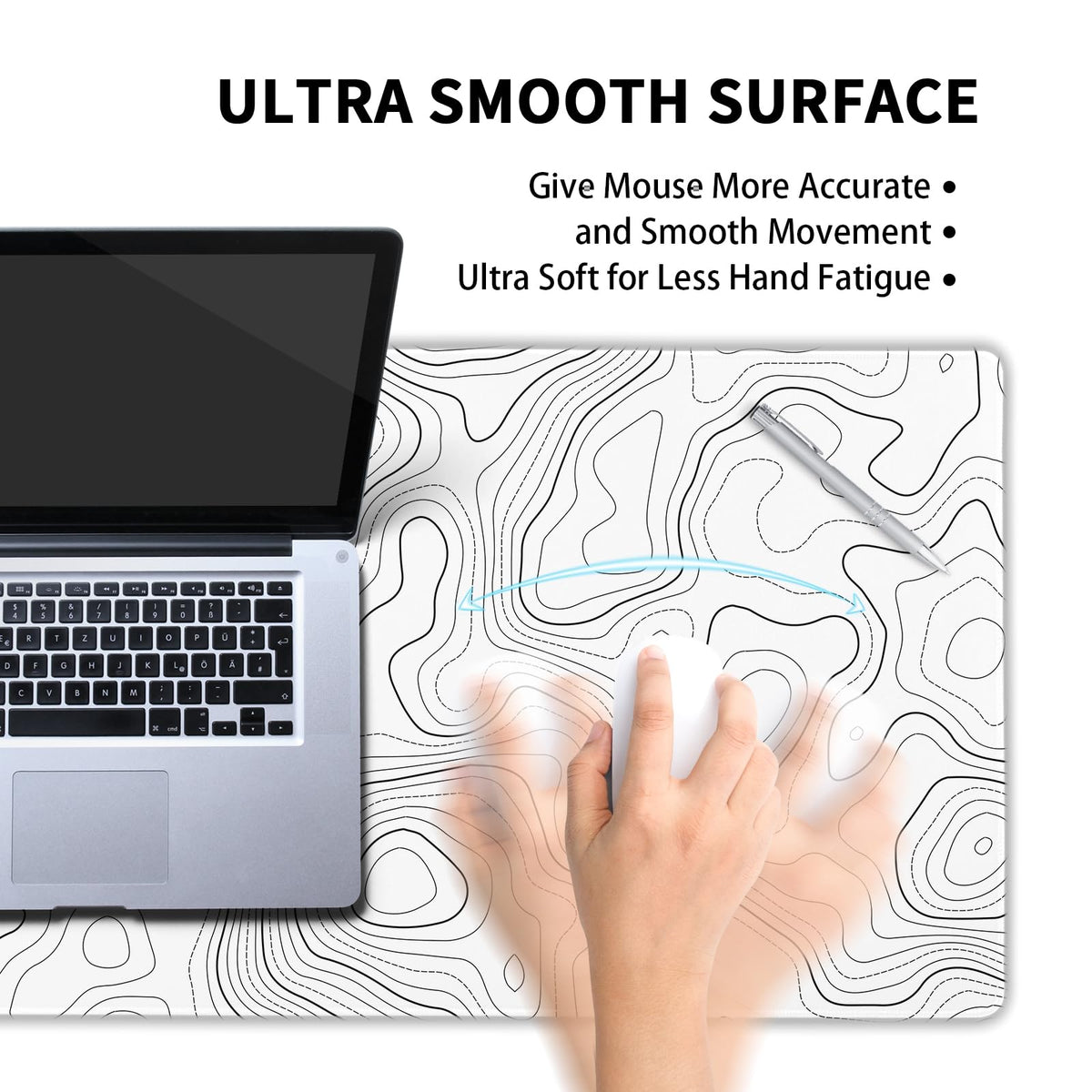 Topographic Map Mouse Pad Large White Lines Contour Geographic Extended Desk Mat 60x35 CM Non-Slip