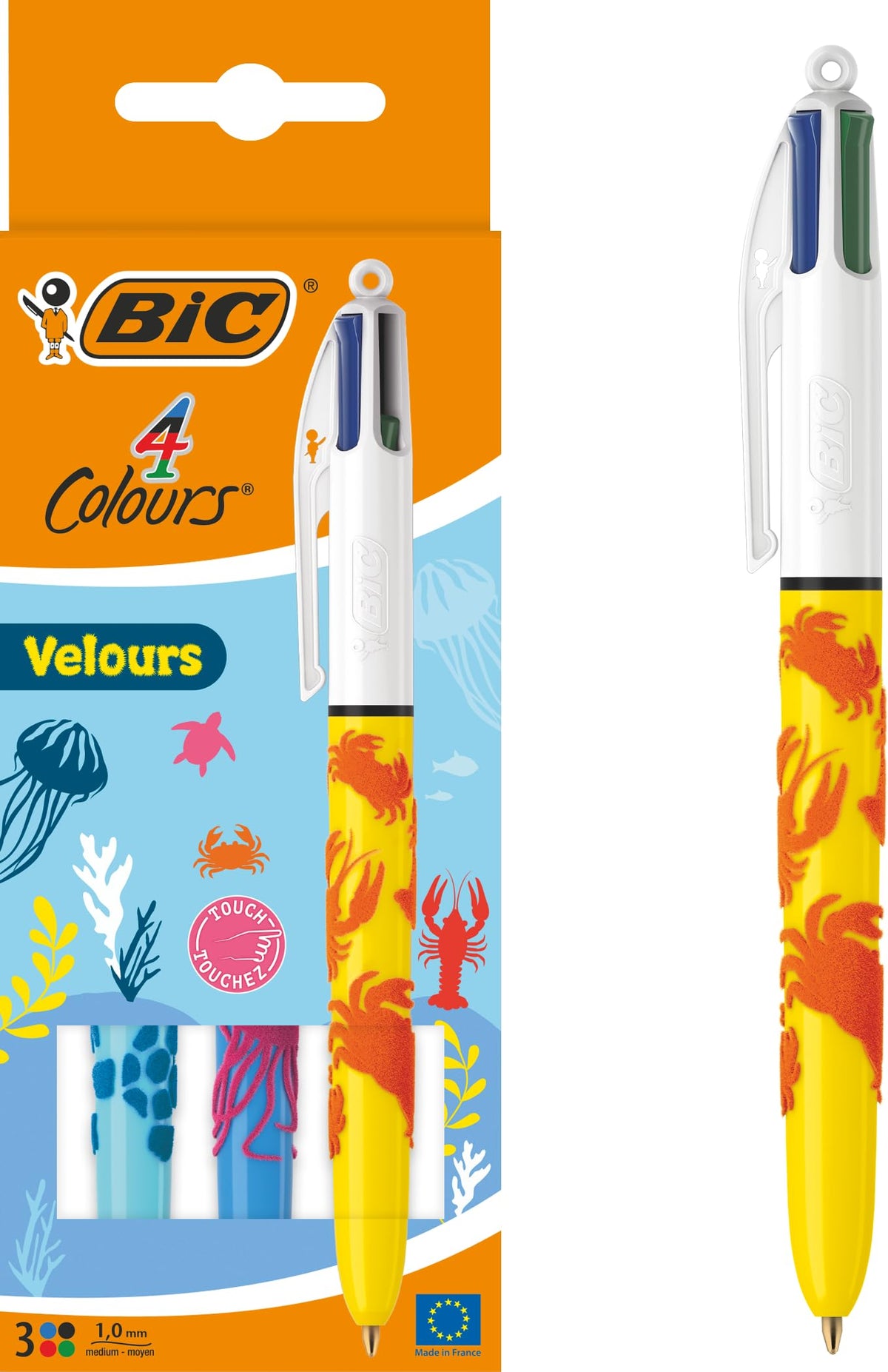 BIC 4 Colours Velours Ball Pens Medium Point (1.0 mm) - Assorted Barrel Designs, Pack of 3, Black