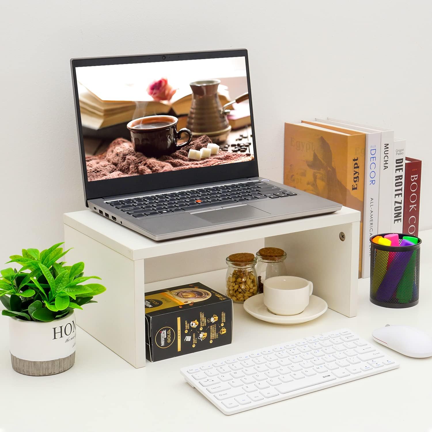 TEAMIX White Monitor Stand - 6.7 inch Tall, Wood Riser, Desk Organization