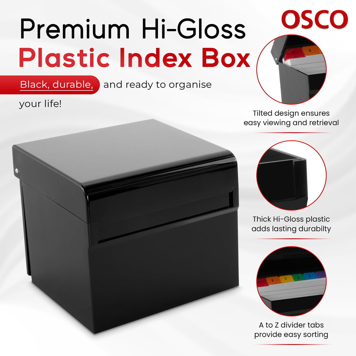 OSCO Black Hi-Gloss Plastic Index Box, Small, A to Z Divider Tabs, 100 Lined Note Cards, 5" x 3"