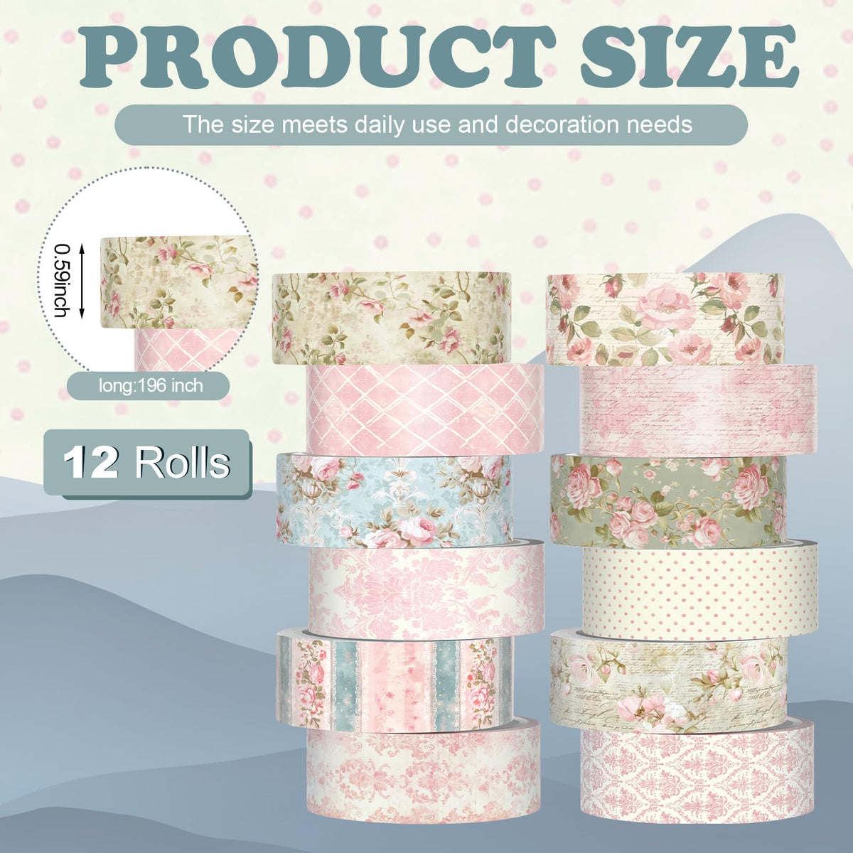 YooNotee 12 Rolls Floral Washi Tape Set,Vintage Pink,Rose