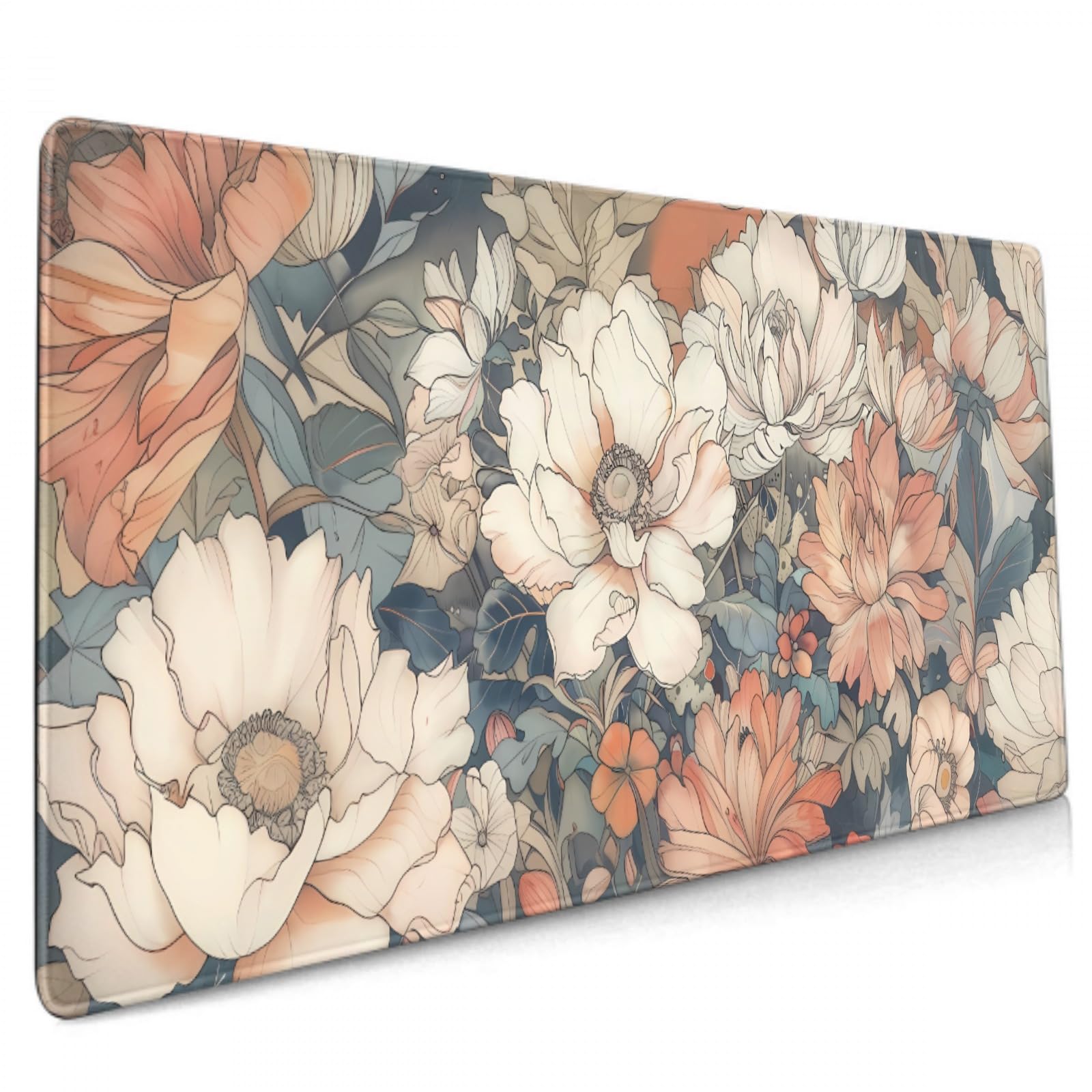 Japanese Floral Mouse Pad XXL 35.4 X 15.7 Inch Minimalist Aesthetic Art White Coral Pink Flower