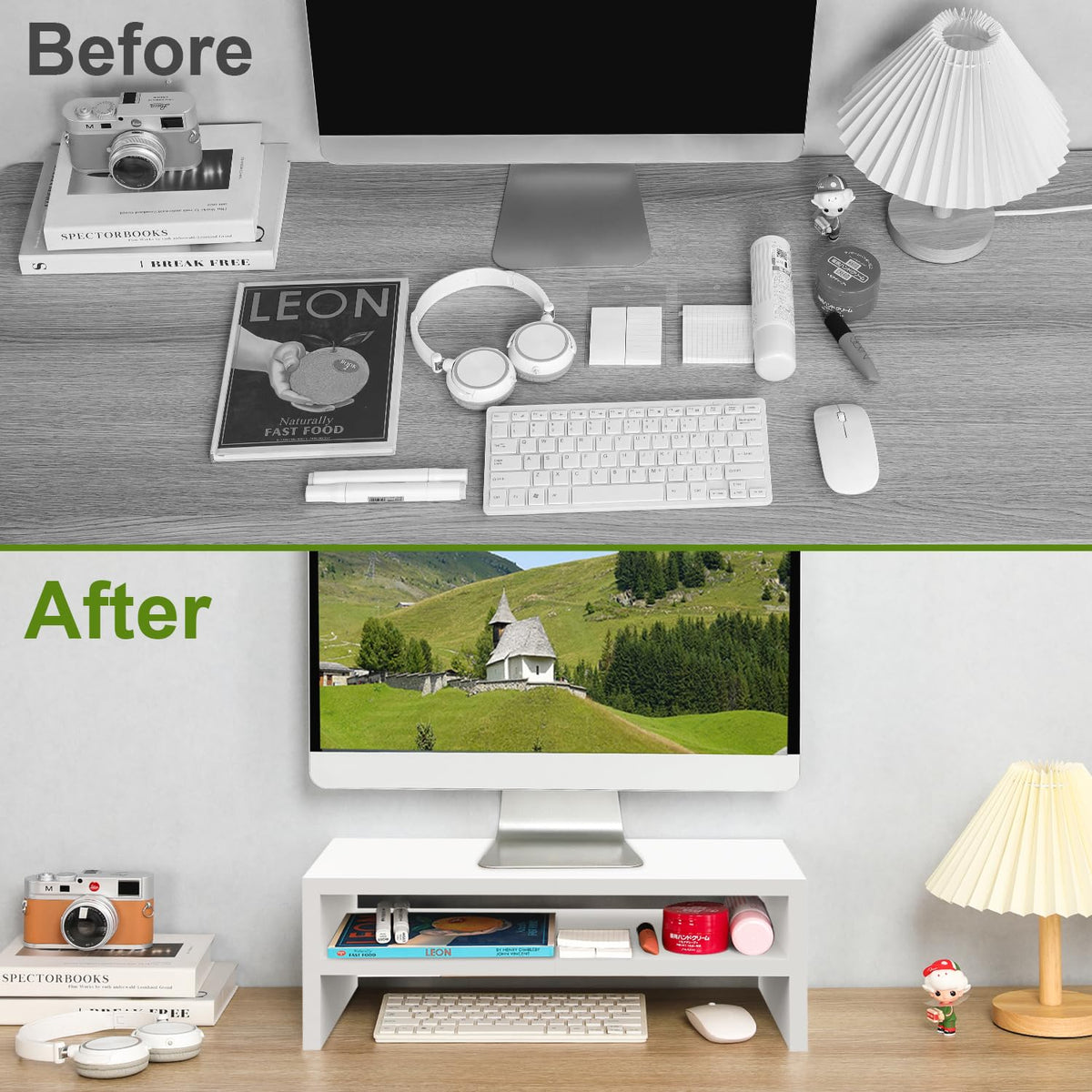 TEAMIX 20 inch White Monitor Riser Stand - 2 Tiers, Wood Desktop Bookshelf