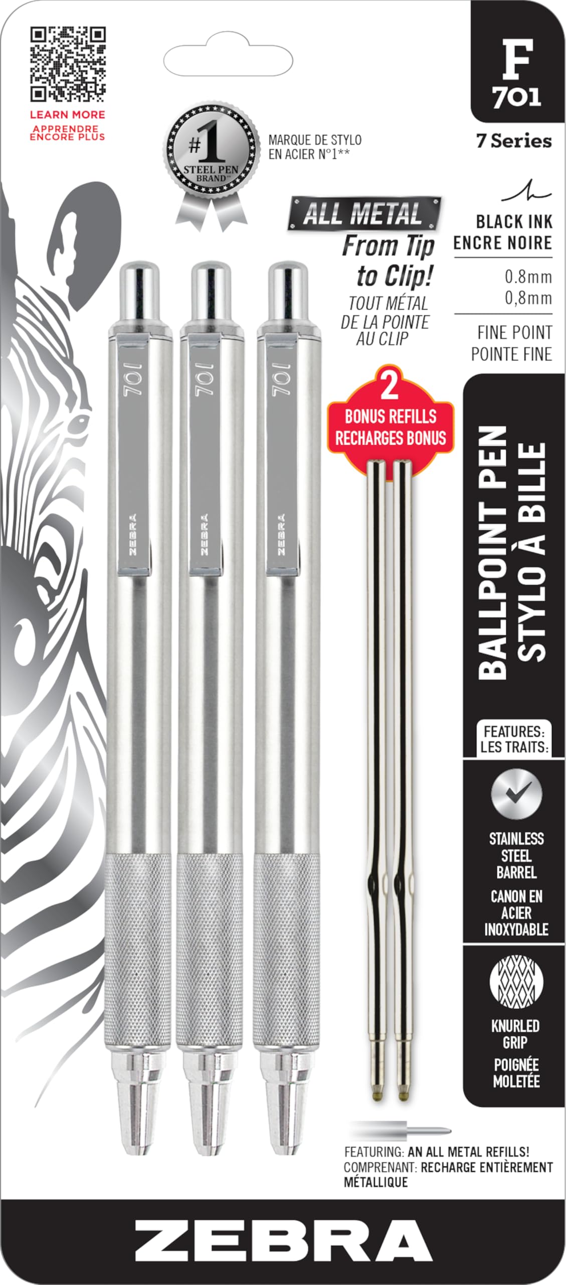 Zebra Pen STEEL F-701 Retractable Ballpoint Pen, Black Ink, 0.8mm, 3-Pack