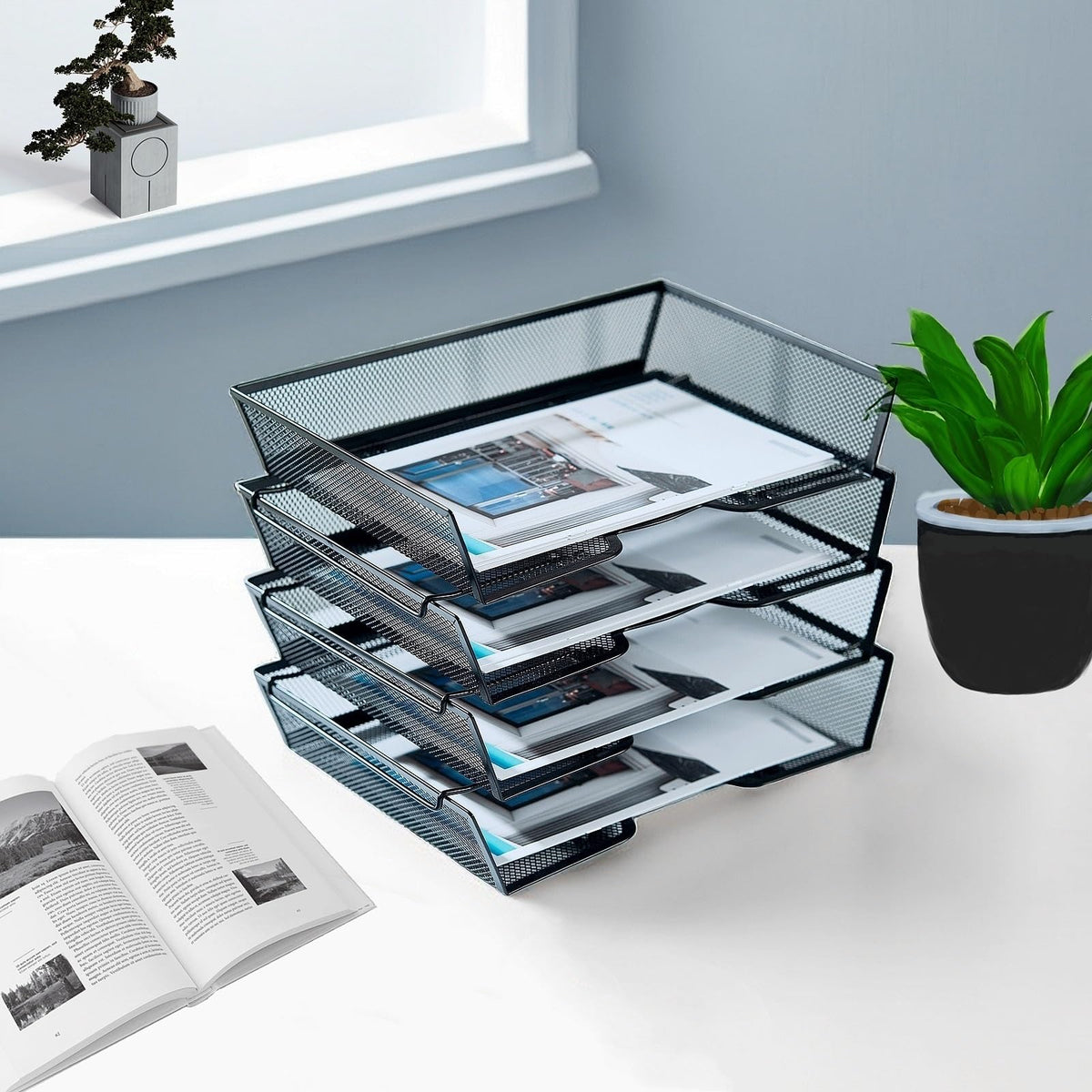 SETTFRFE 4 Tier Metal Letter Tray Desk Organizer-Stackable Paper Tray,Black