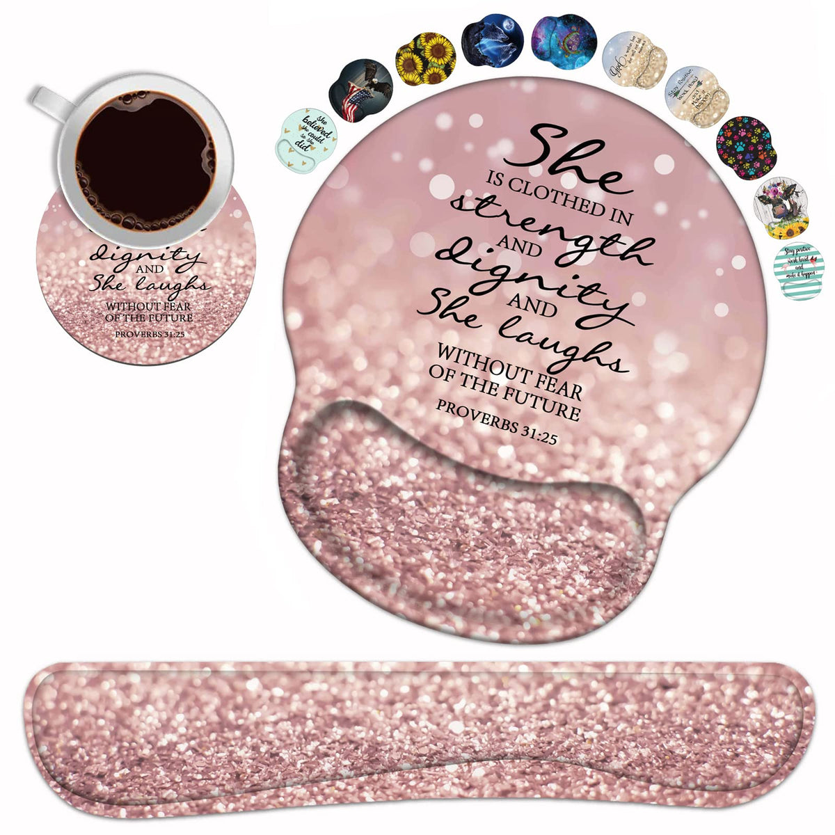 Keyboard Wrist Rest and Mouse Pad Wrist Support Set with Coasters, Bible Verse Proverbs 31:25 Wrist