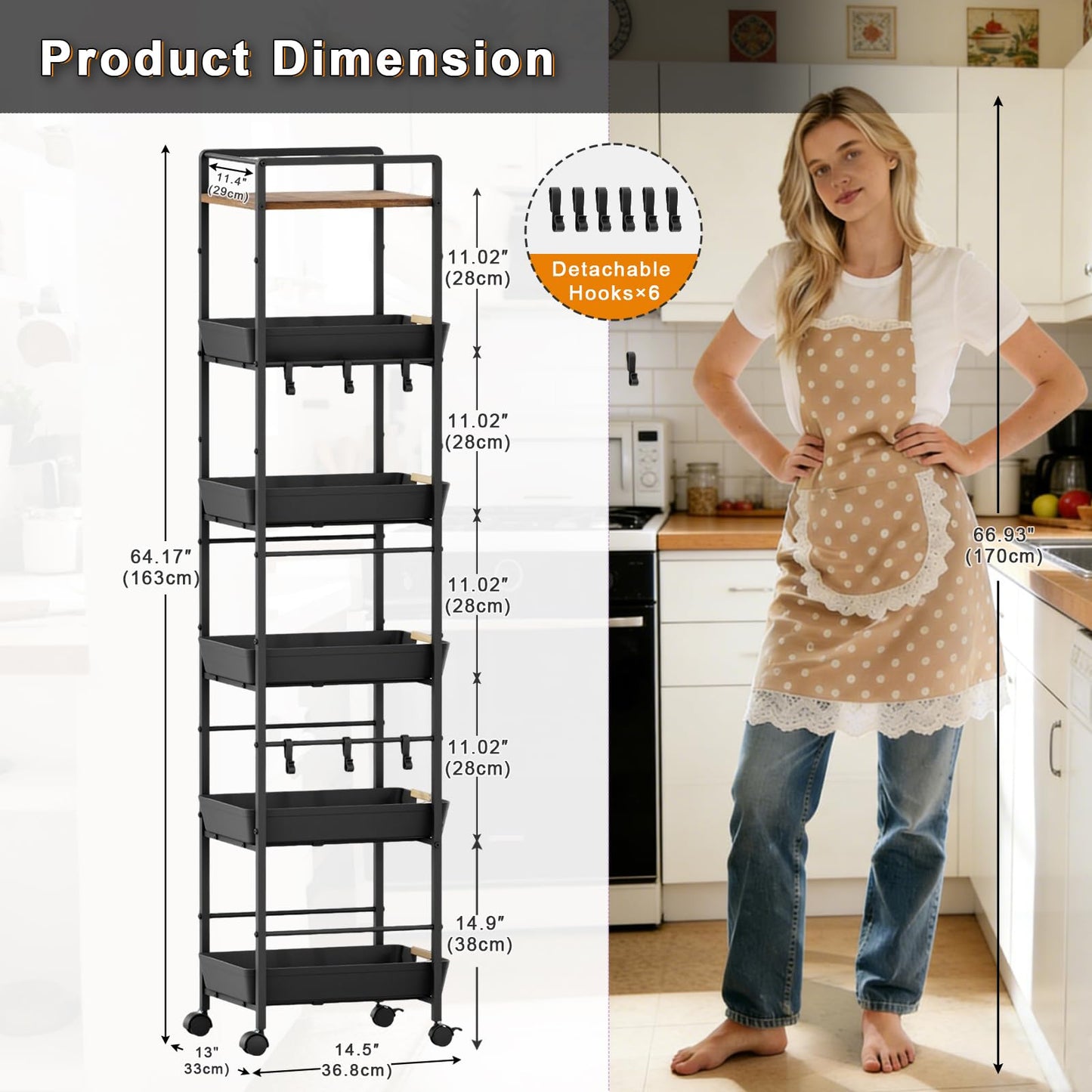 MAYBOSS 6-Tier Slim Rolling Storage Cart with Wheels, Metal Organizer Tall Rolling Cart, Wood Top